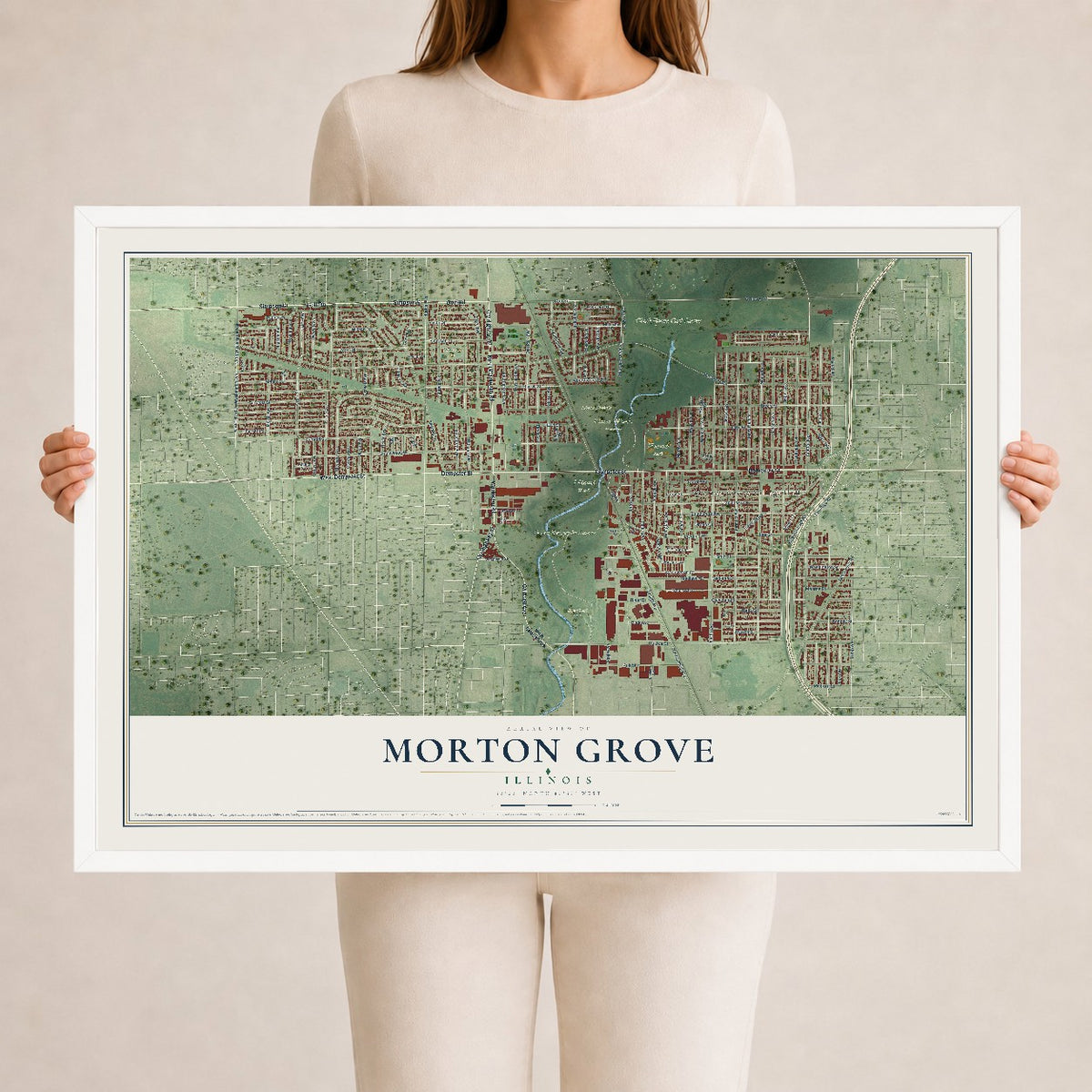 Map of Morton Grove, Illinois, 24 x 36 inch print in a white wood frame