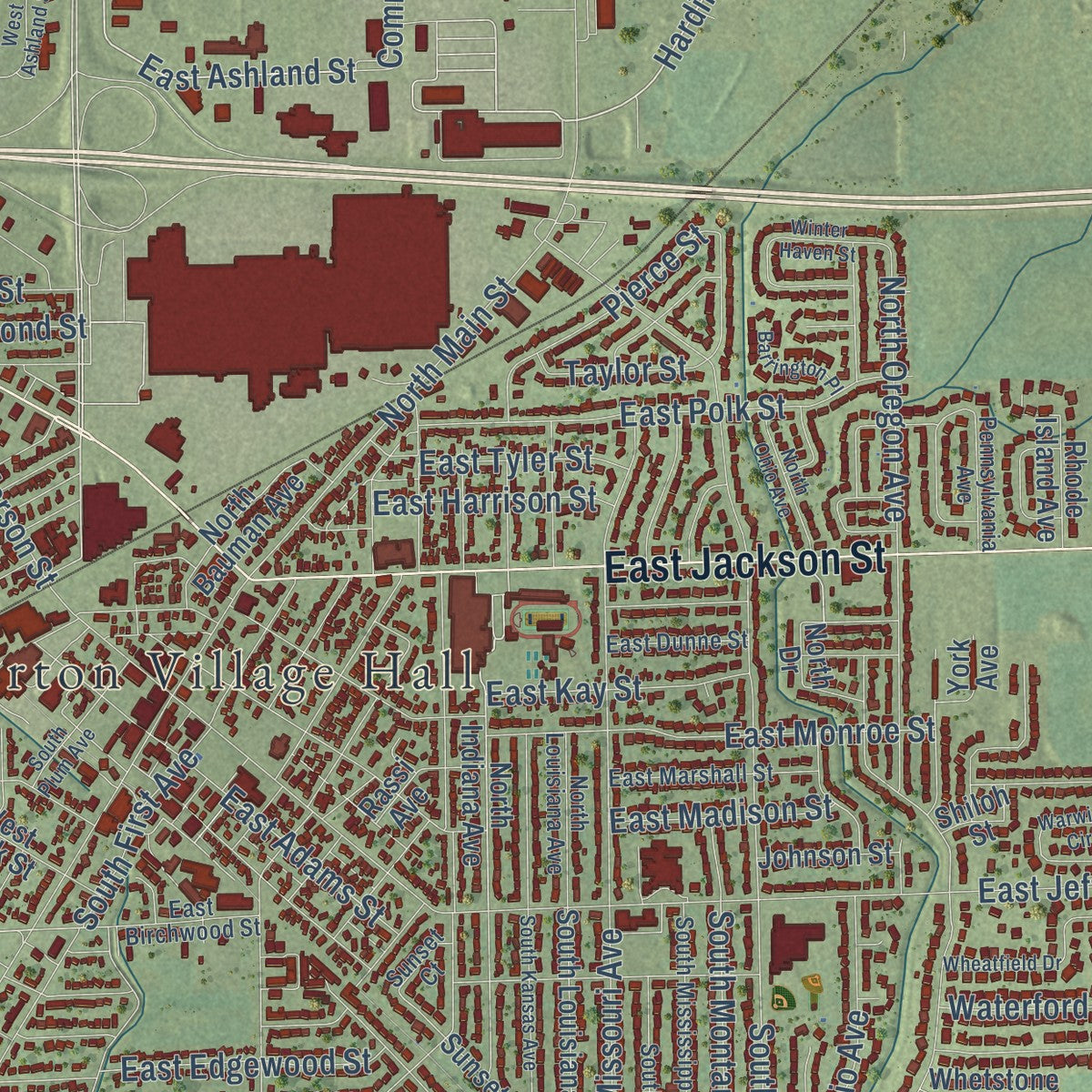 Close-up of the map of Morton, Illinois print showing street and building detail