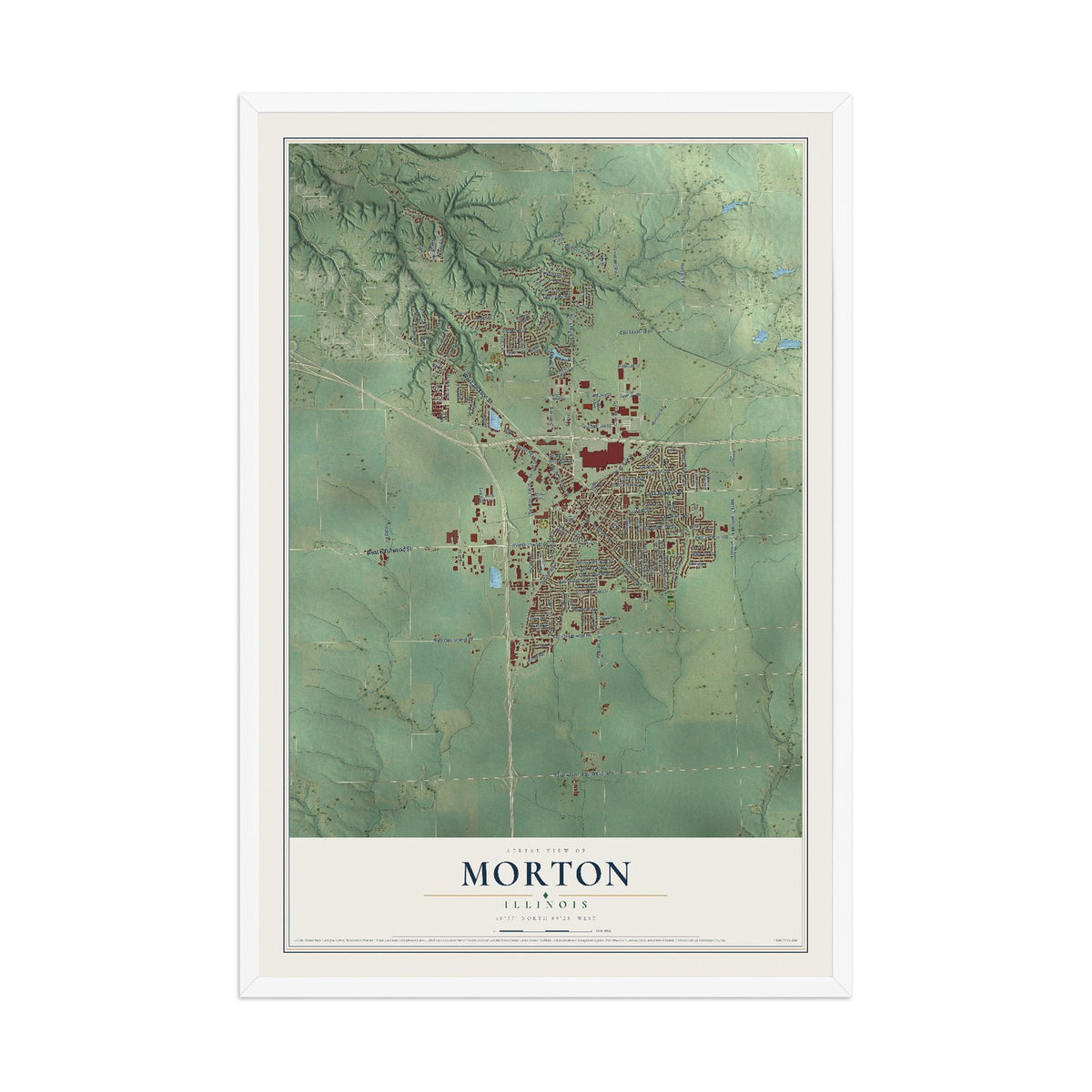 Map of Morton, Illinois, 12 x 18 inch print in a white wood frame