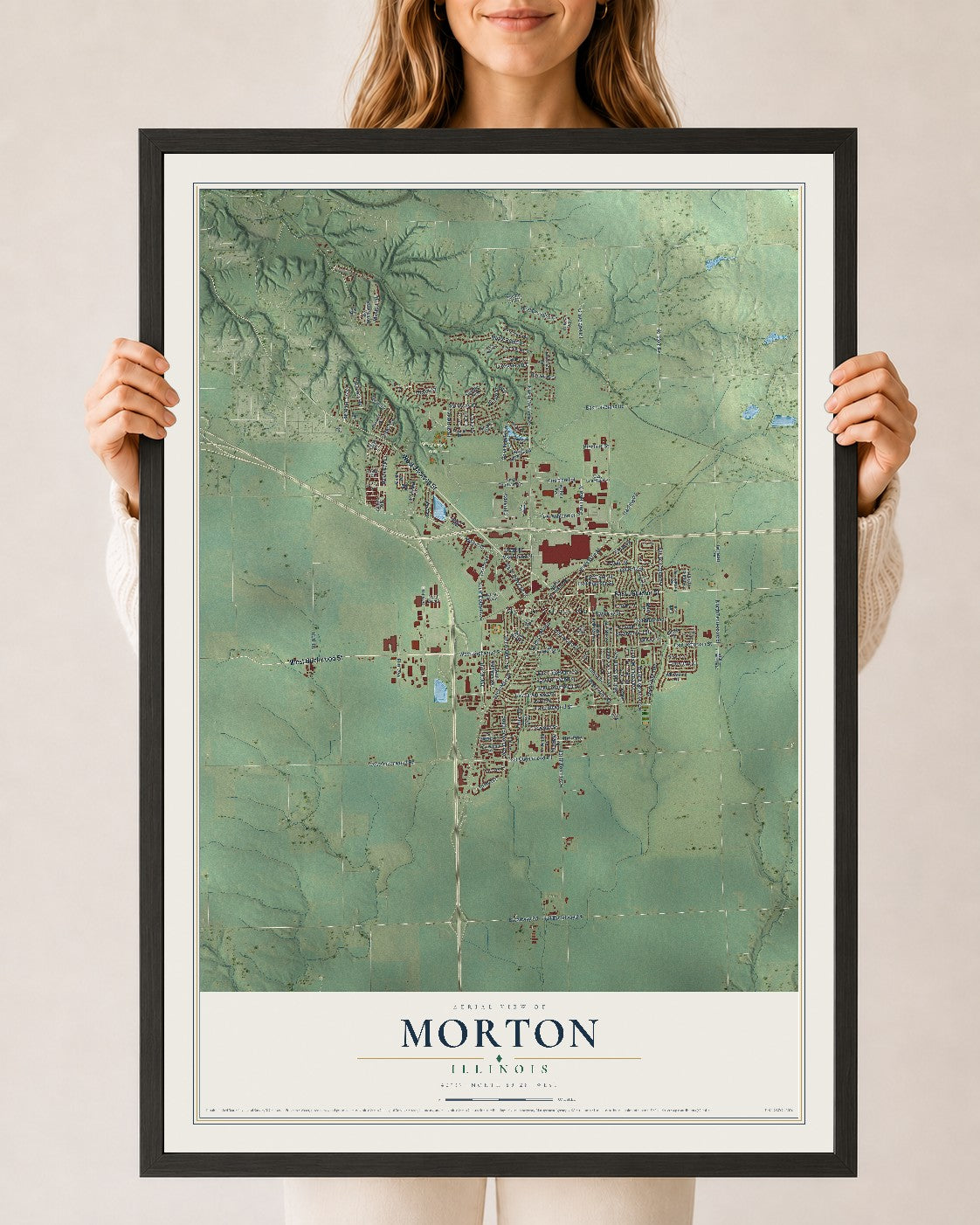 Map of Morton, Illinois, 24 x 36 inch print in a black wood frame