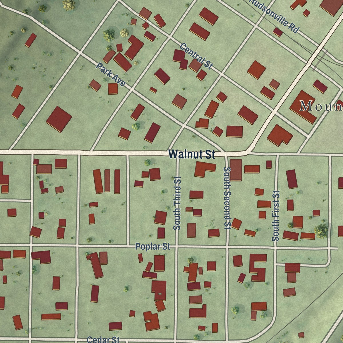 Close-up of the map of Mound City, Illinois print showing street and building detail