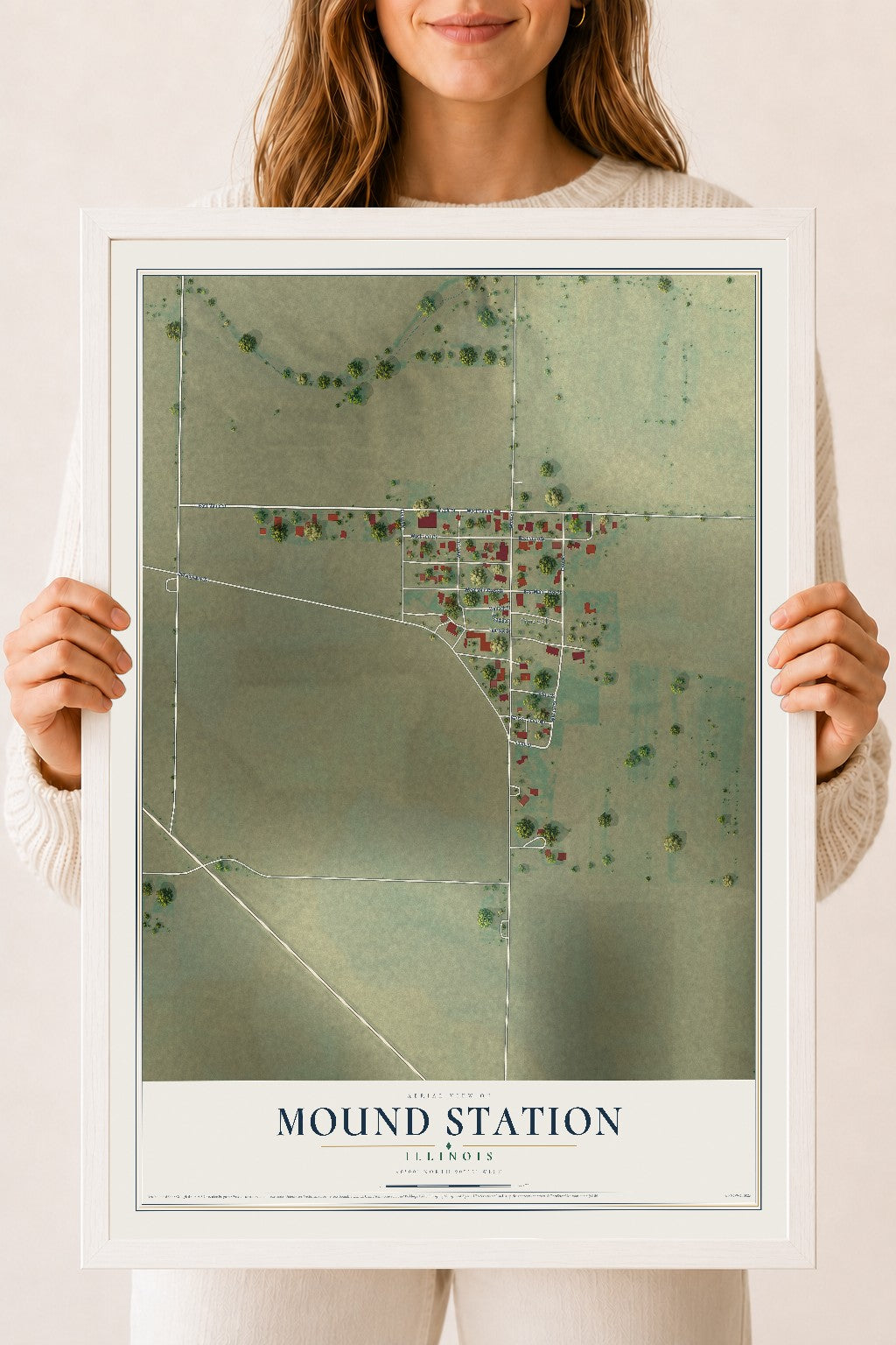 Map of Mound Station, Illinois, 18 x 24 inch print in a white wood frame