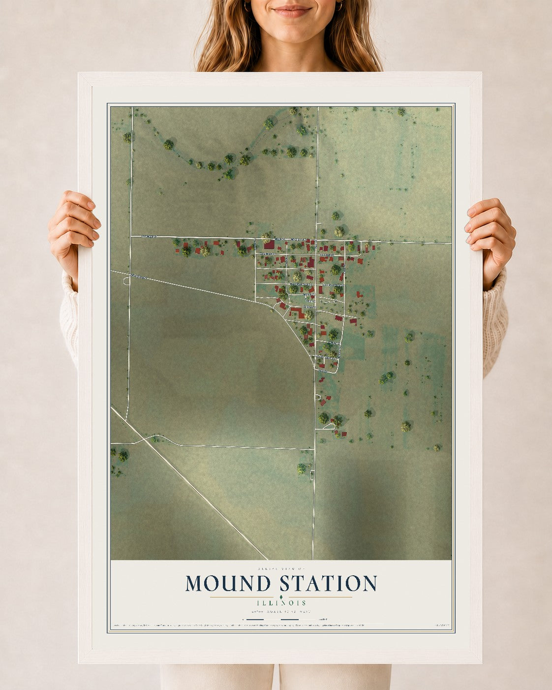 Map of Mound Station, Illinois, 24 x 36 inch print in a white wood frame