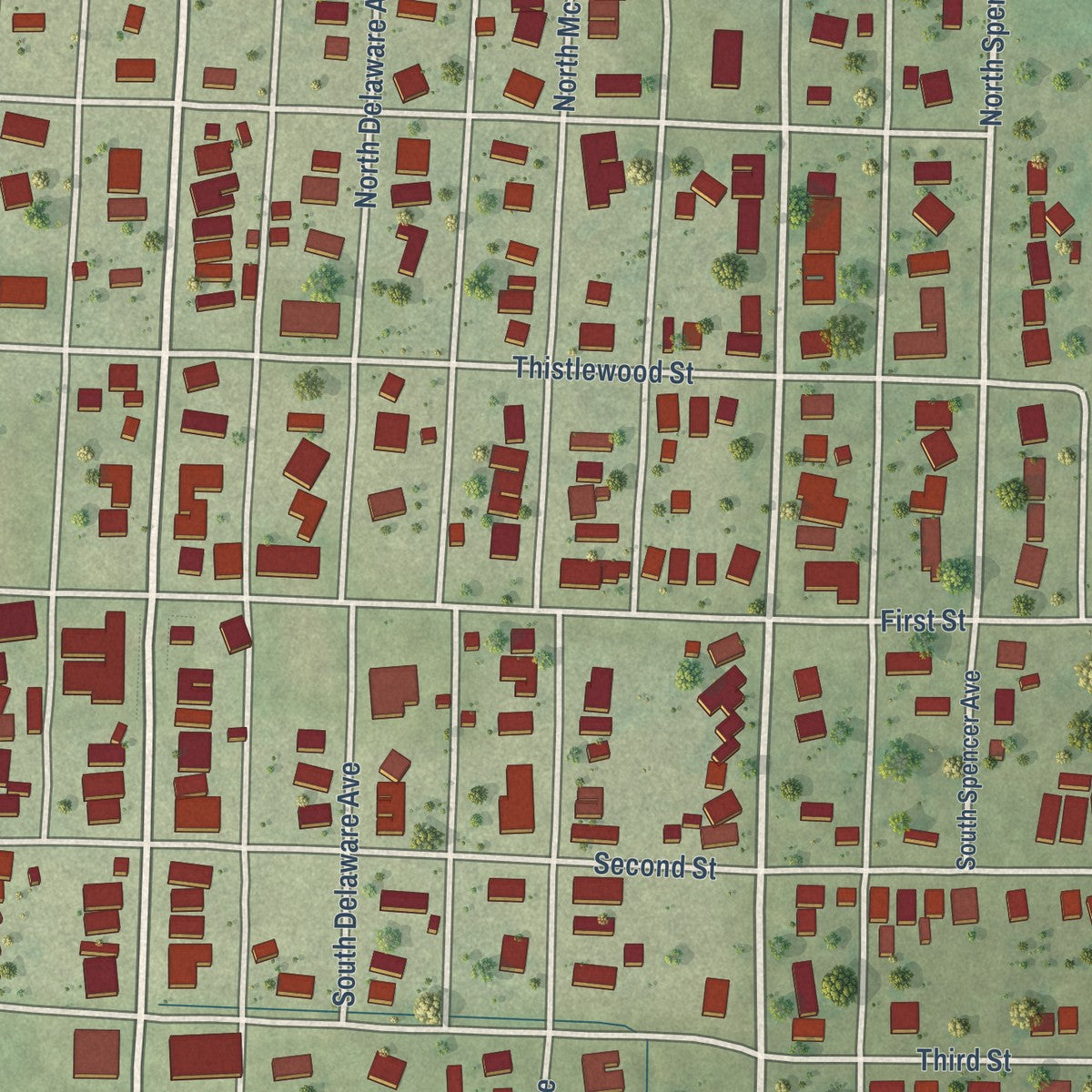 Close-up of the map of Mounds, Illinois print showing street and building detail