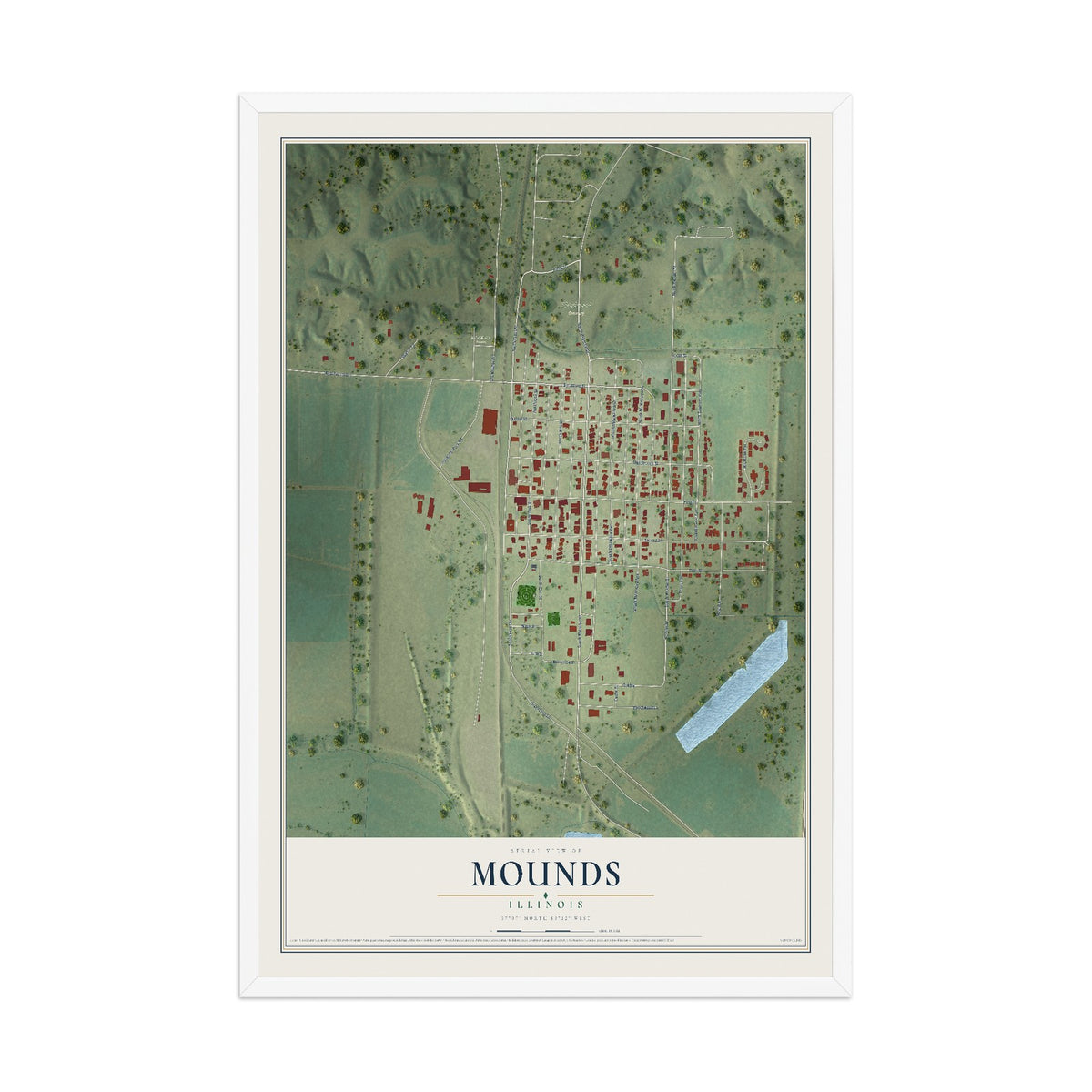 Map of Mounds, Illinois, 12 x 18 inch print in a white wood frame