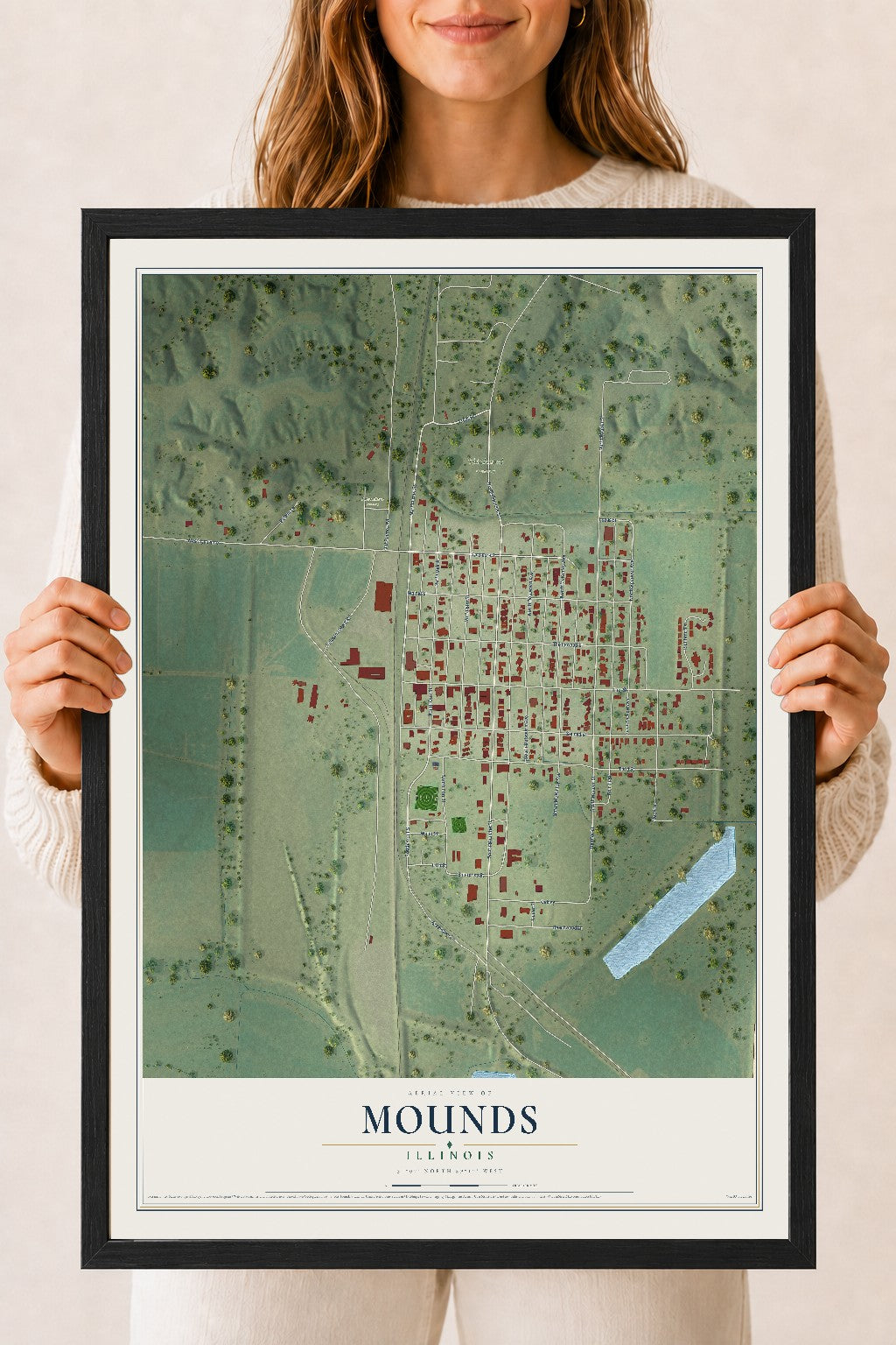 Map of Mounds, Illinois, 18 x 24 inch print in a black wood frame