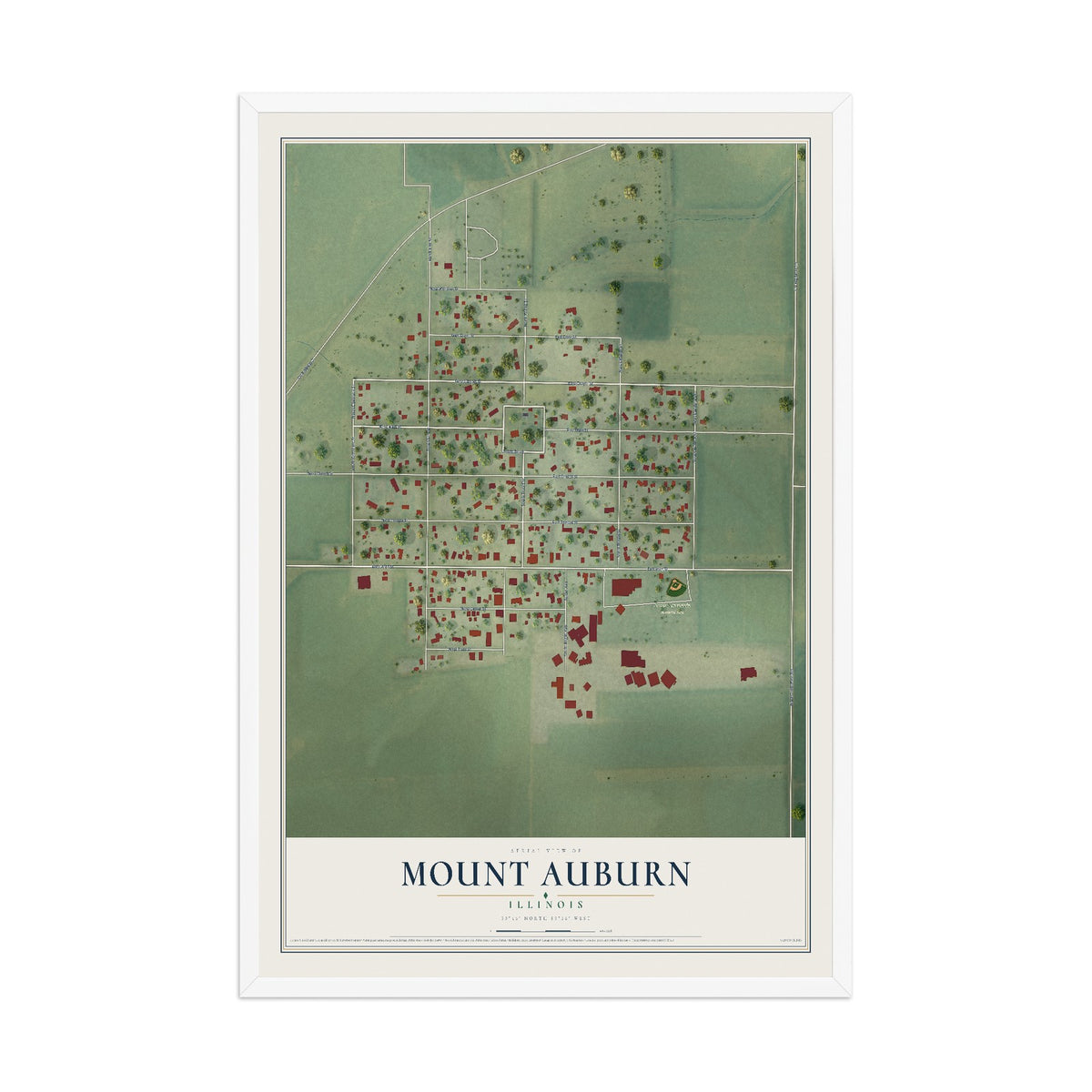 Map of Mount Auburn, Illinois, 12 x 18 inch print in a white wood frame