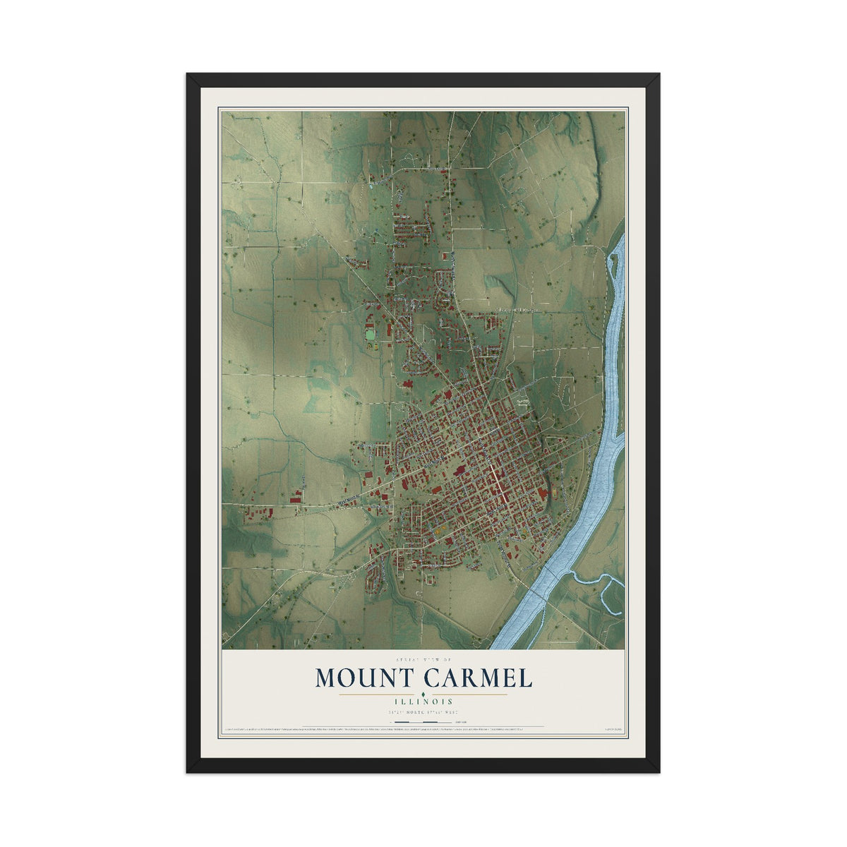 Map of Mount Carmel, Illinois, 12 x 18 inch print in a black wood frame
