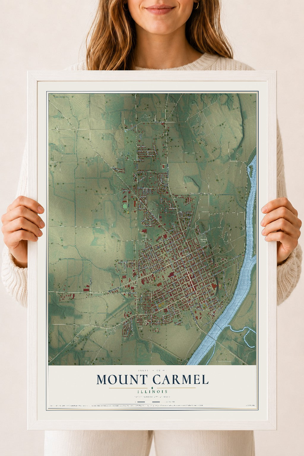 Map of Mount Carmel, Illinois, 18 x 24 inch print in a white wood frame