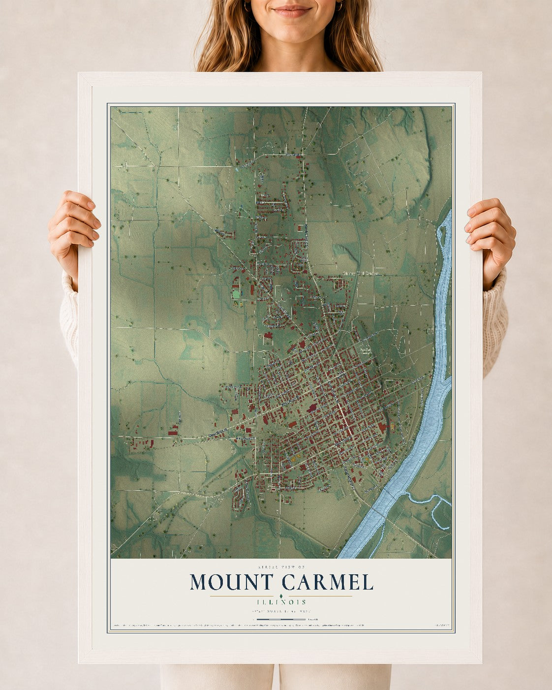 Map of Mount Carmel, Illinois, 24 x 36 inch print in a white wood frame