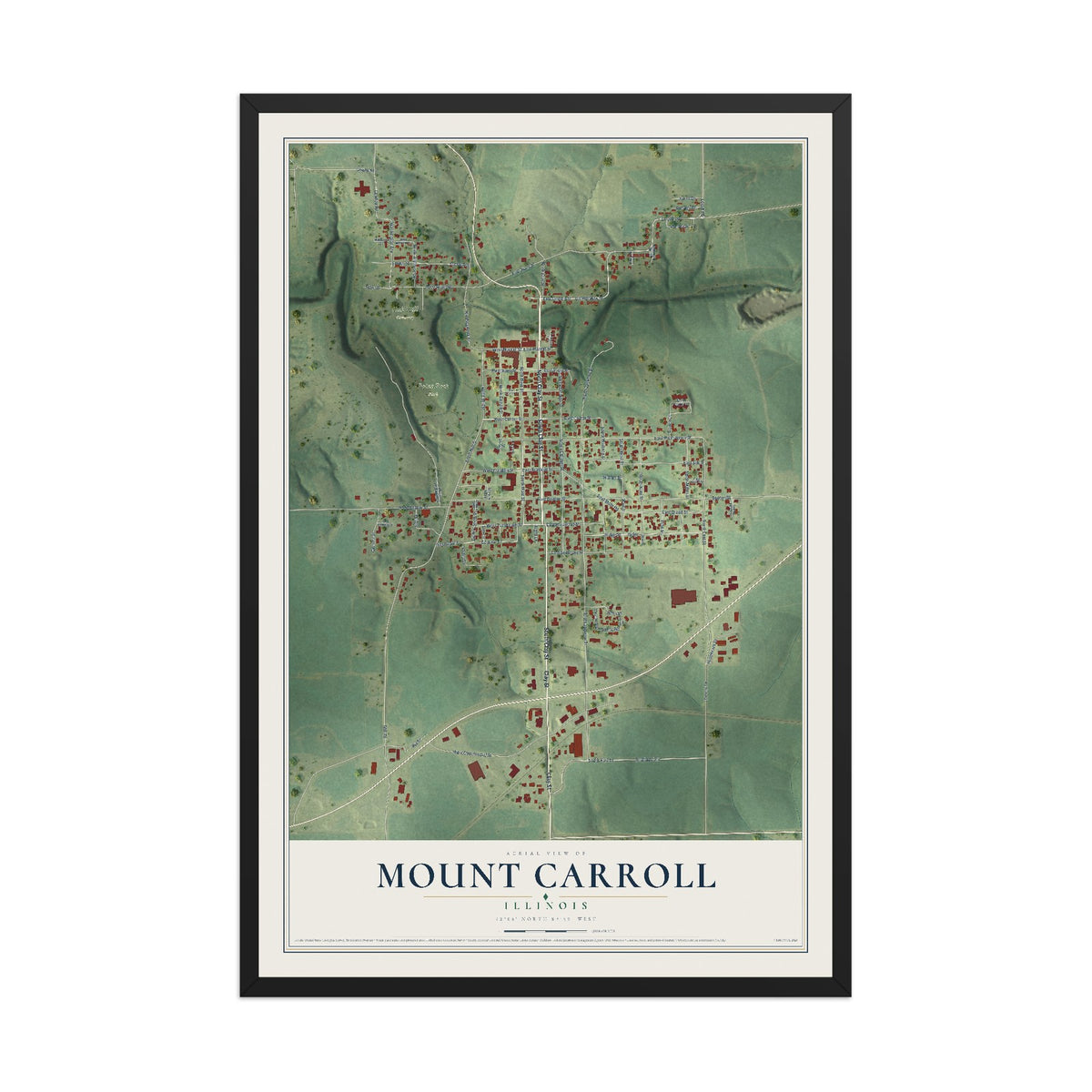 Map of Mount Carroll, Illinois, 12 x 18 inch print in a black wood frame
