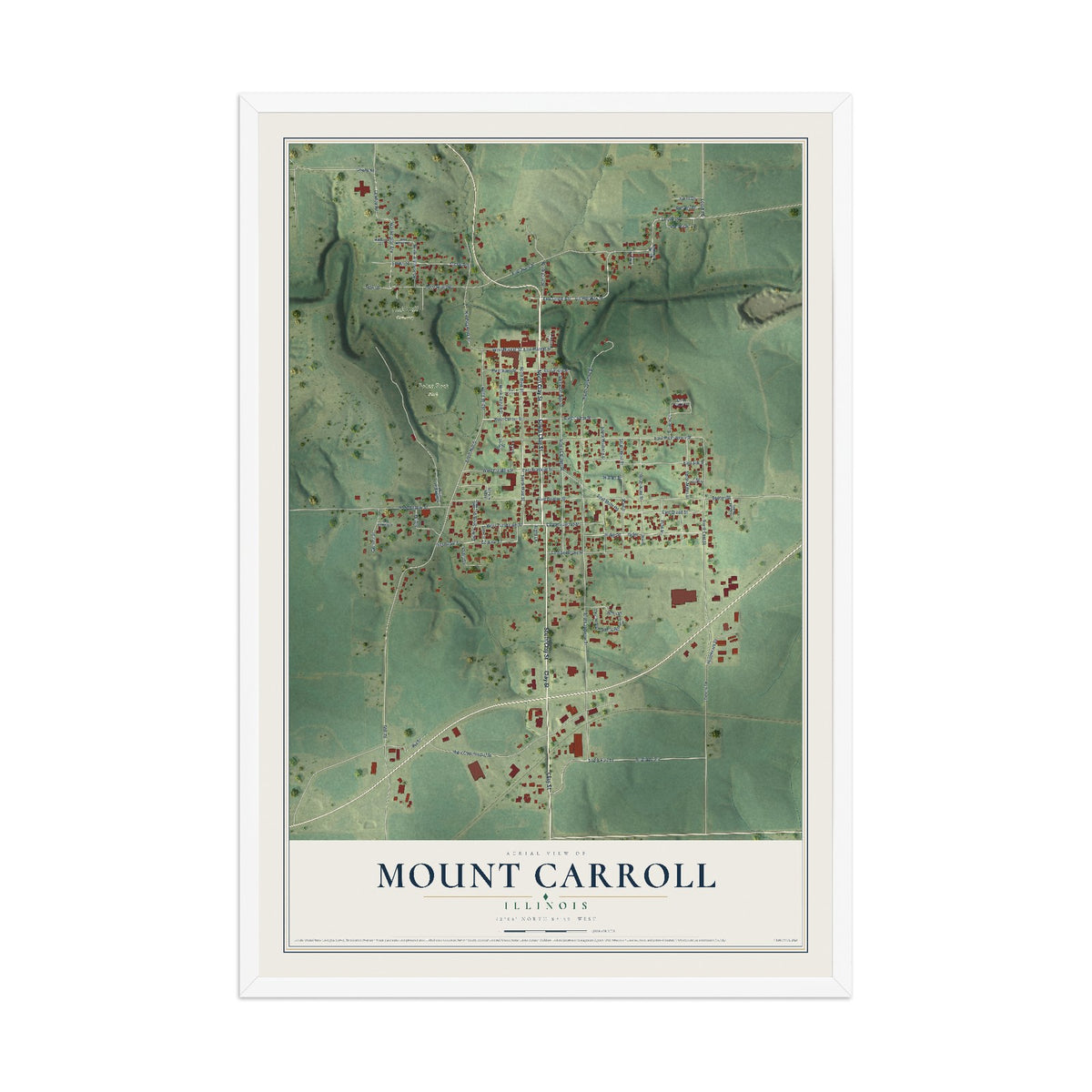 Map of Mount Carroll, Illinois, 12 x 18 inch print in a white wood frame
