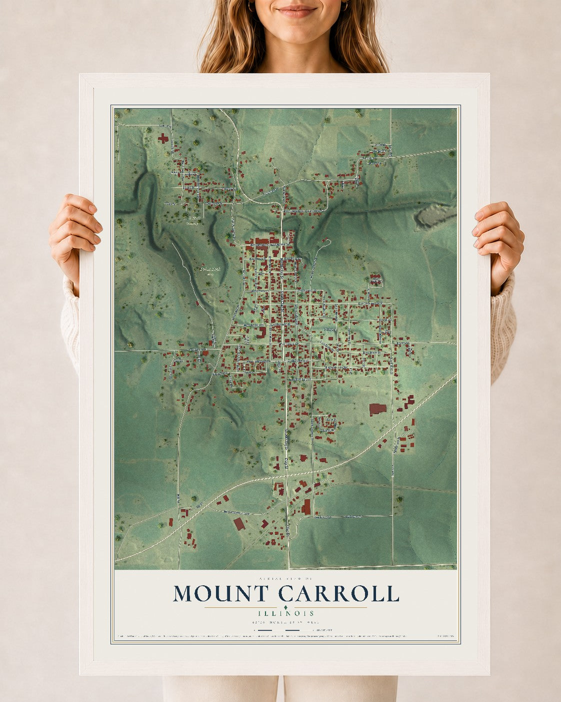 Map of Mount Carroll, Illinois, 24 x 36 inch print in a white wood frame
