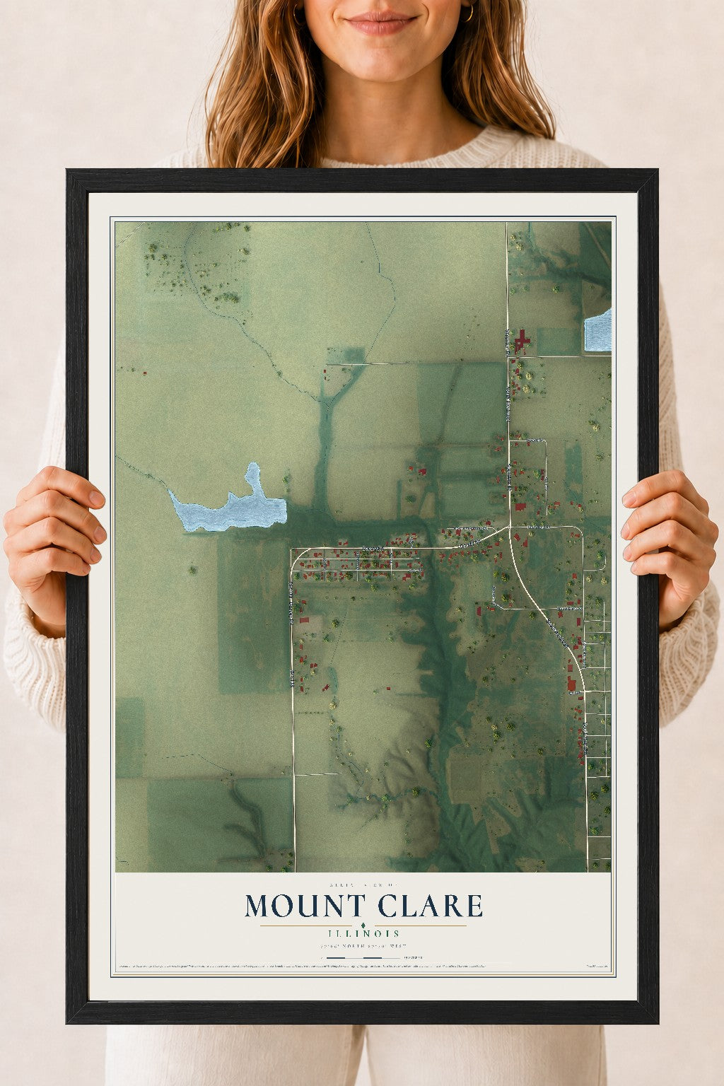 Map of Mount Clare, Illinois, 18 x 24 inch print in a black wood frame