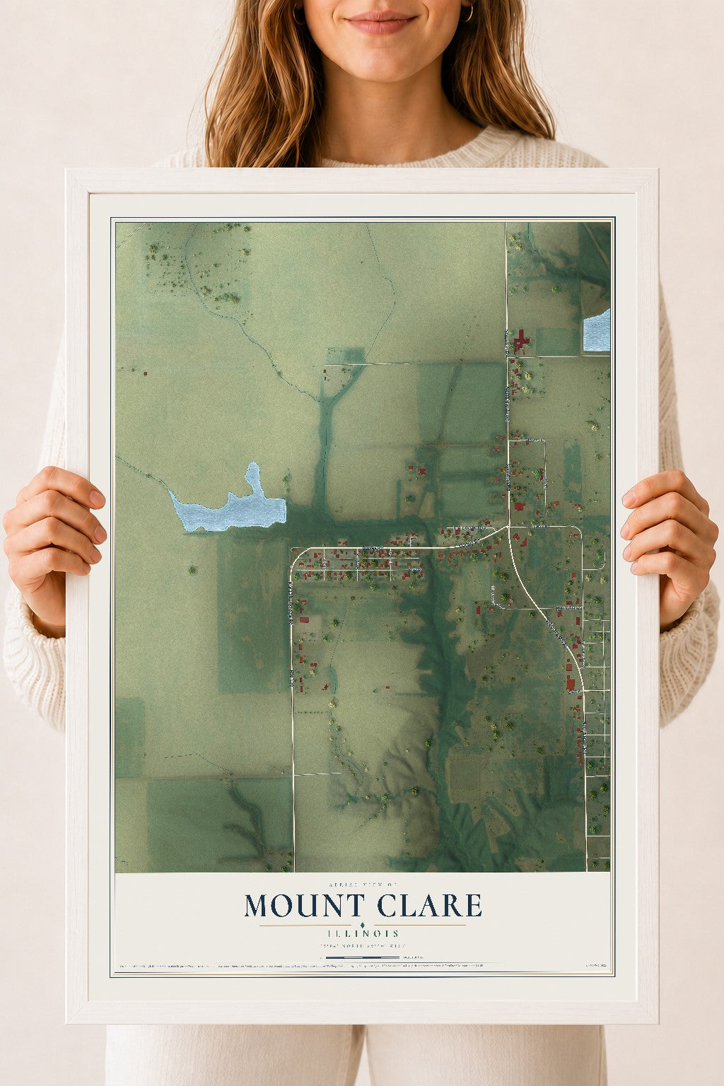 Map of Mount Clare, Illinois, 18 x 24 inch print in a white wood frame