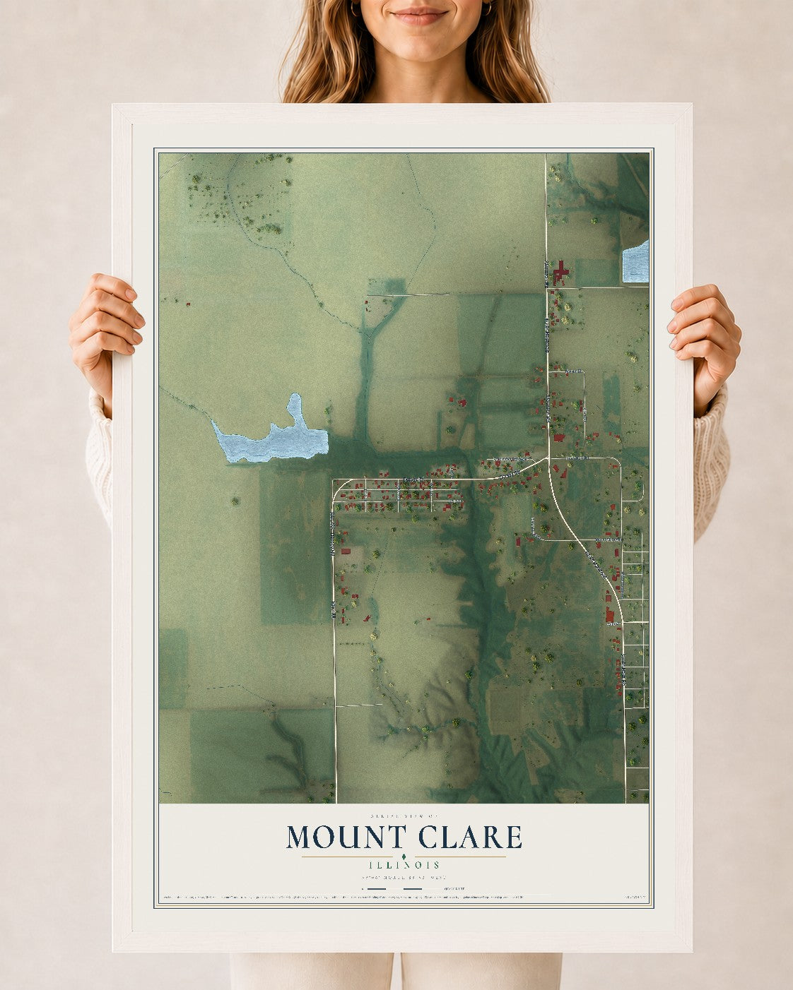 Map of Mount Clare, Illinois, 24 x 36 inch print in a white wood frame