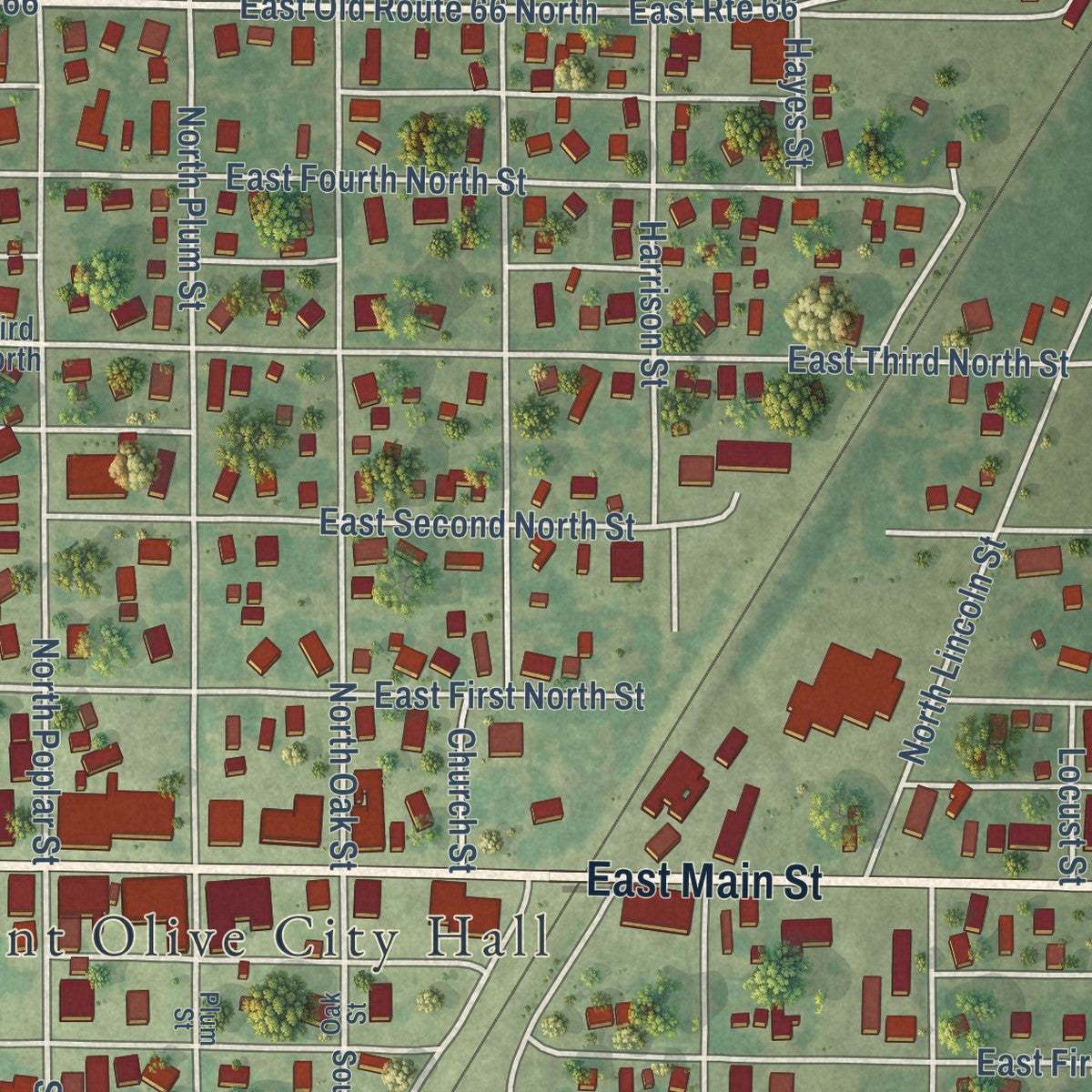 Close-up of the map of Mount Olive, Illinois print showing street and building detail