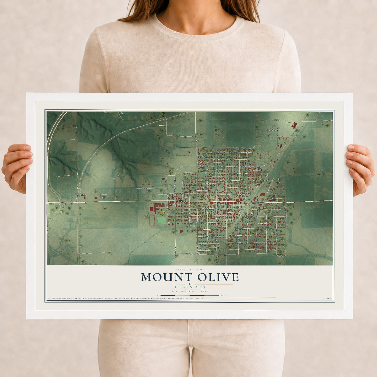Map of Mount Olive, Illinois, 12 x 18 inch print in a white wood frame