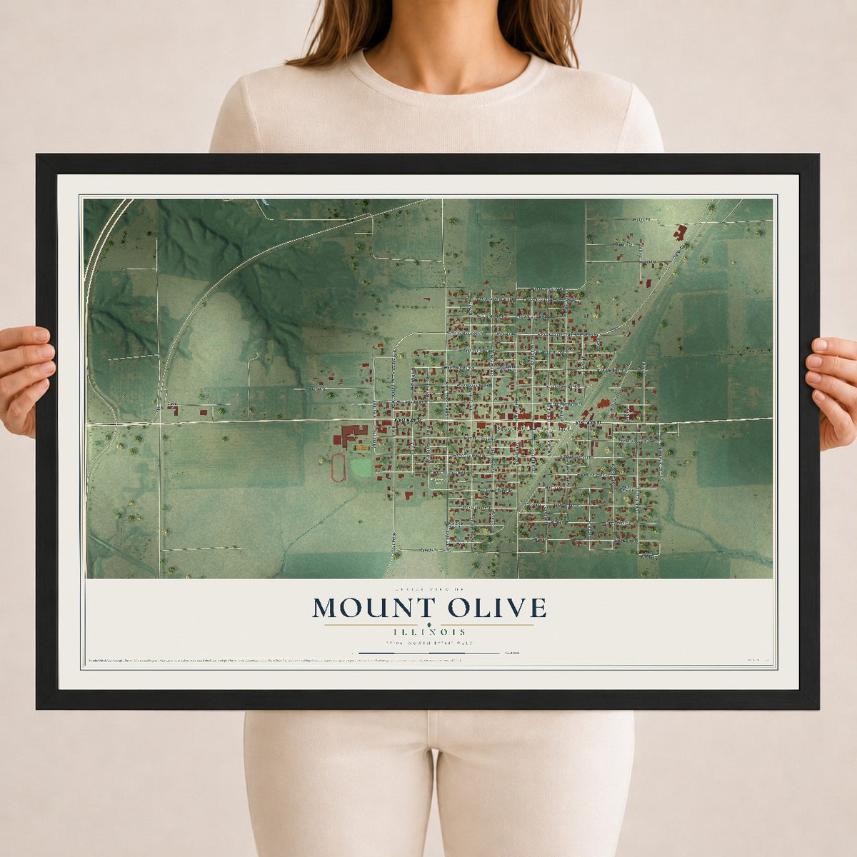 Map of Mount Olive, Illinois, 18 x 24 inch print in a black wood frame