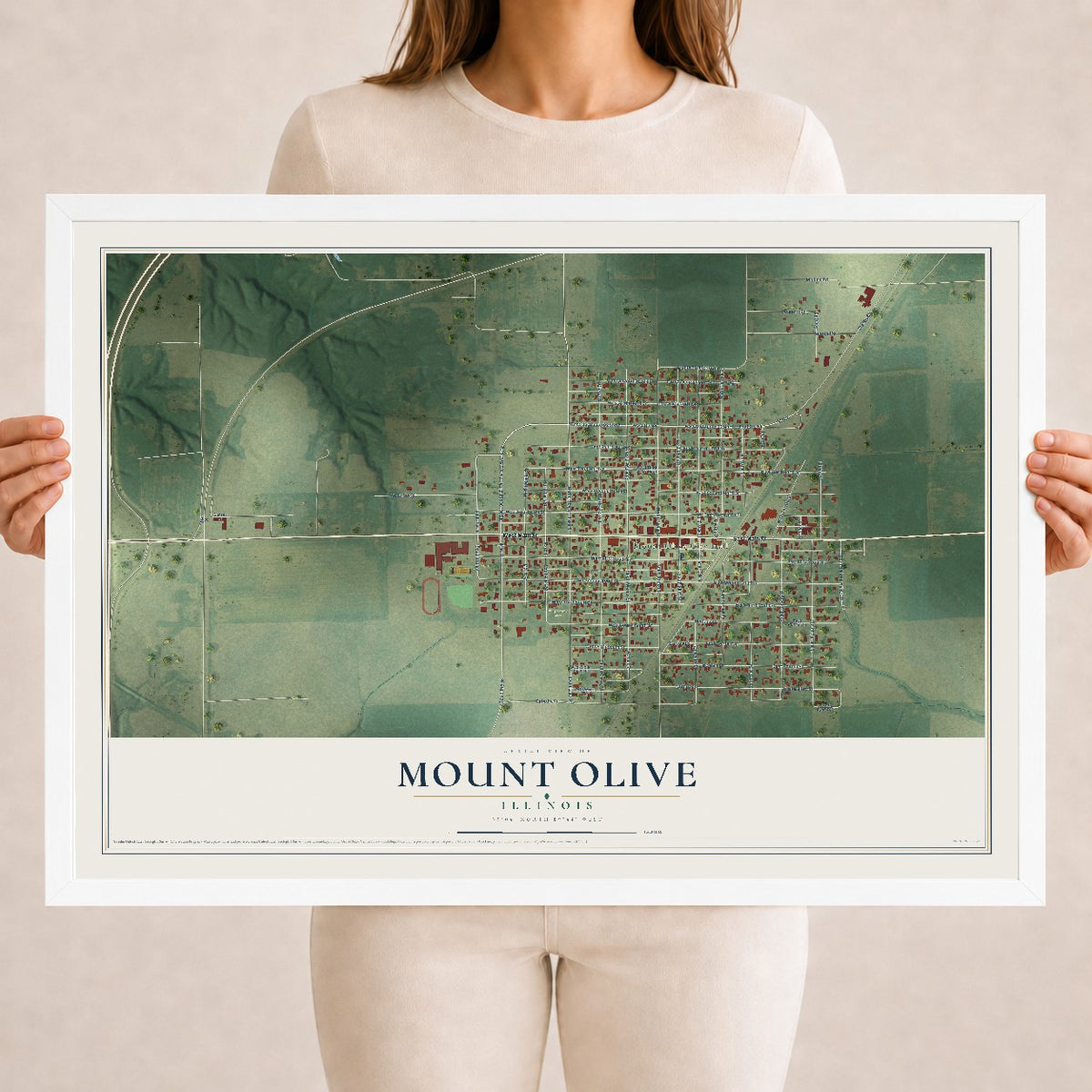 Map of Mount Olive, Illinois, 18 x 24 inch print in a white wood frame