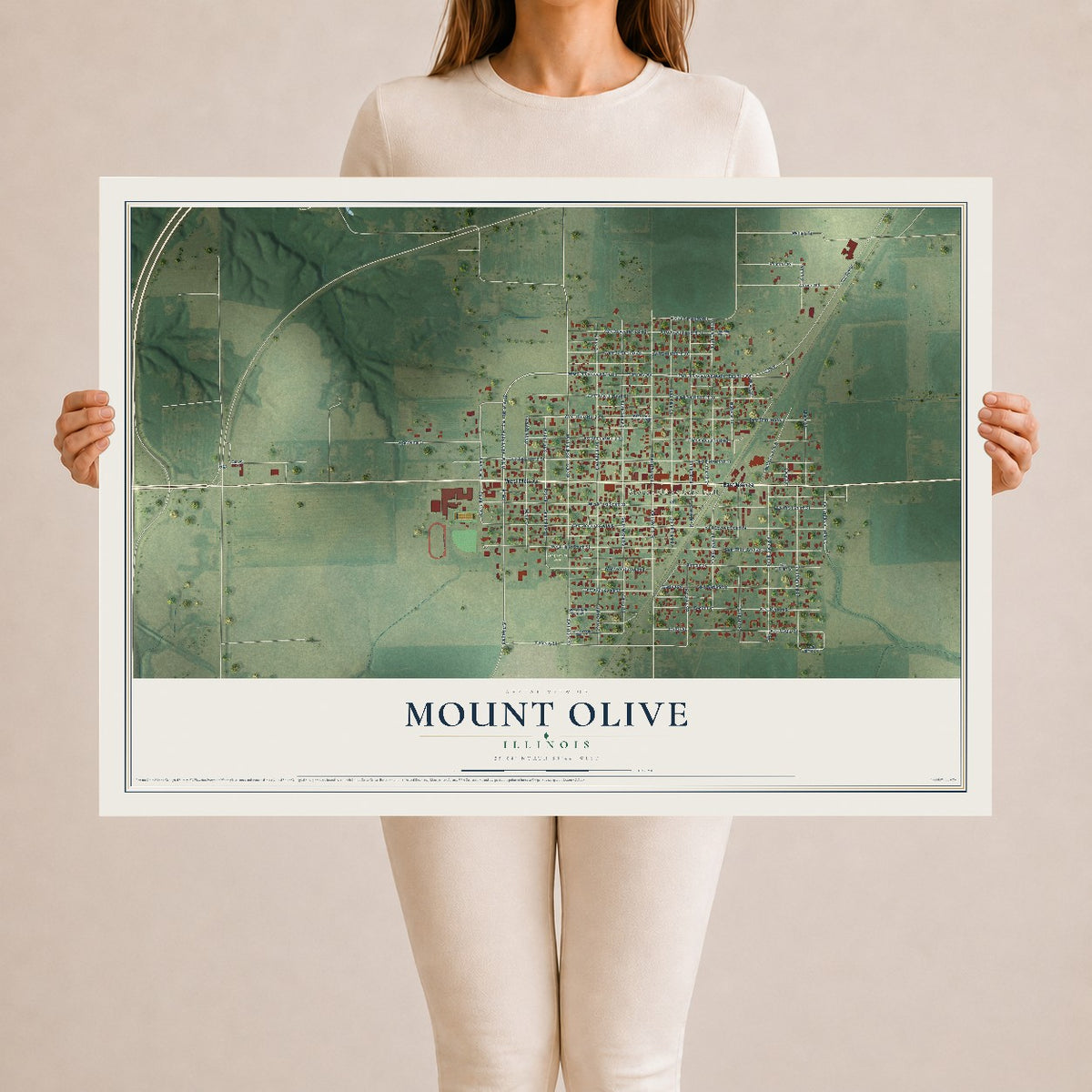 Map of Mount Olive, Illinois, 24 x 36 inch unframed archival matte print