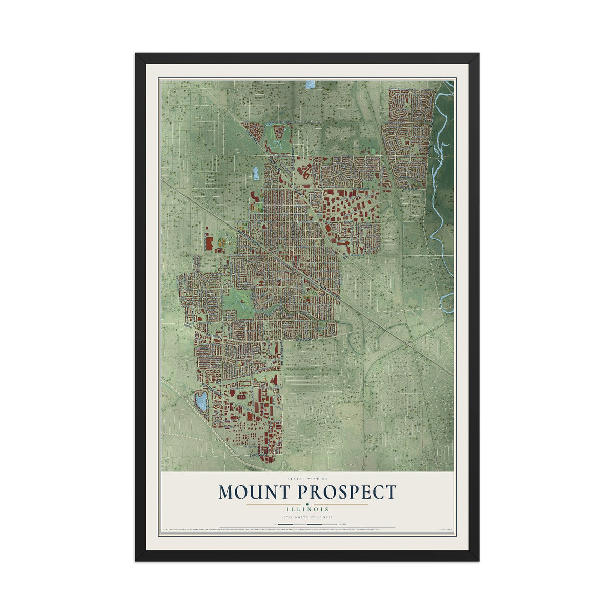 Map of Mount Prospect, Illinois, 12 x 18 inch print in a black wood frame