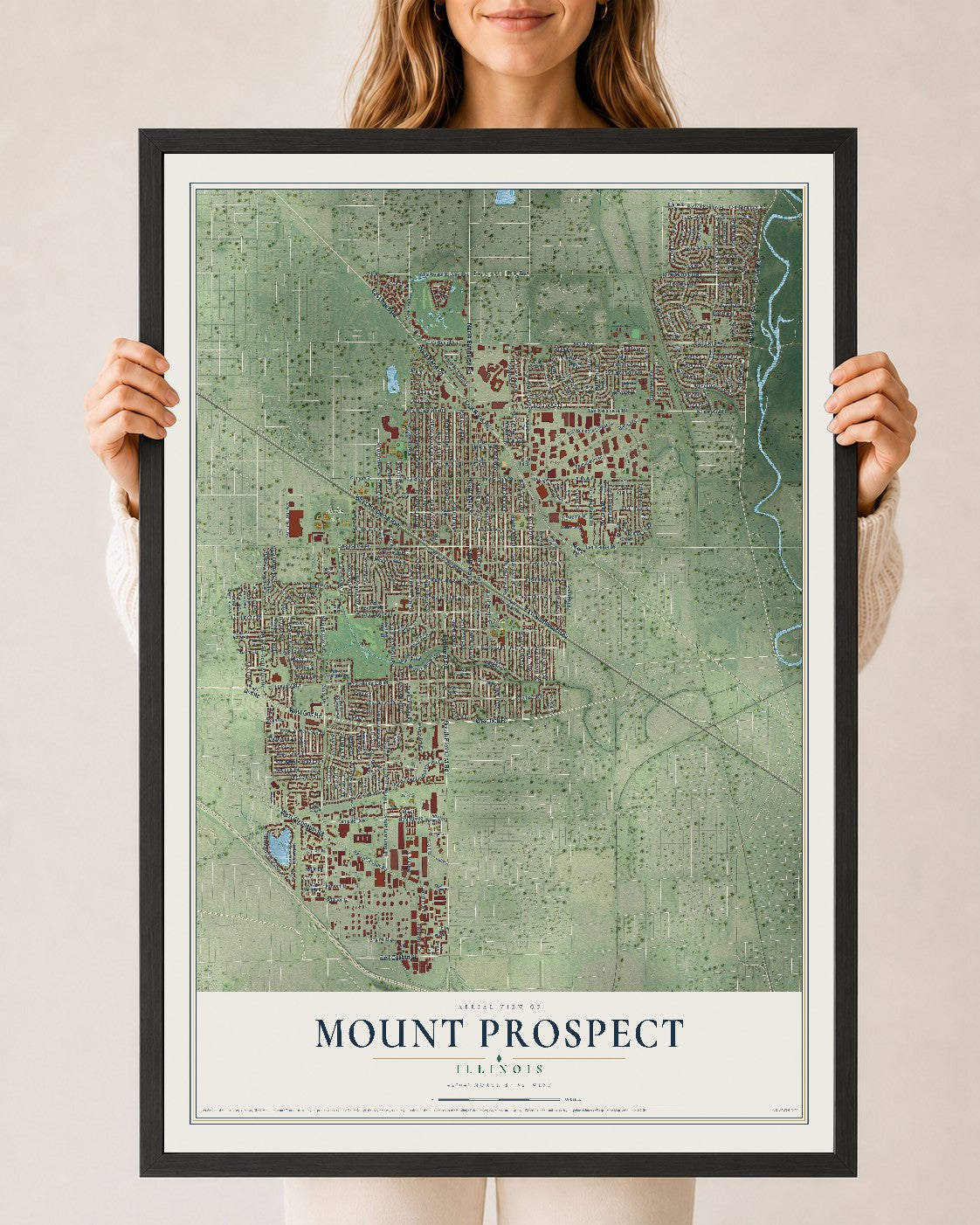 Map of Mount Prospect, Illinois, 24 x 36 inch print in a black wood frame