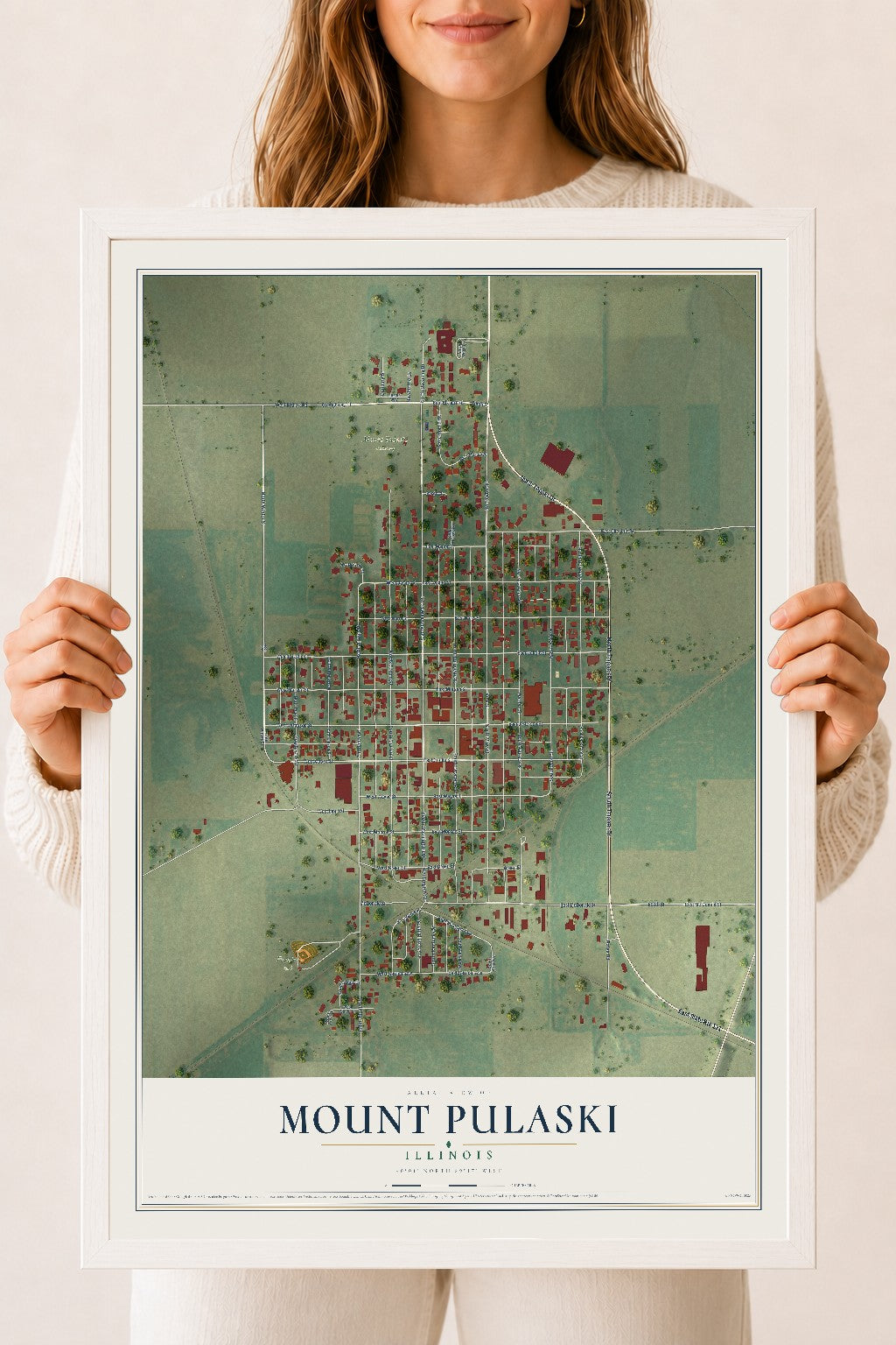 Map of Mount Pulaski, Illinois, 18 x 24 inch print in a white wood frame