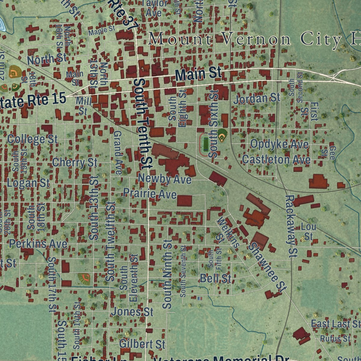Second close-up of the map of Mount Vernon, Illinois print showing more streets and buildings
