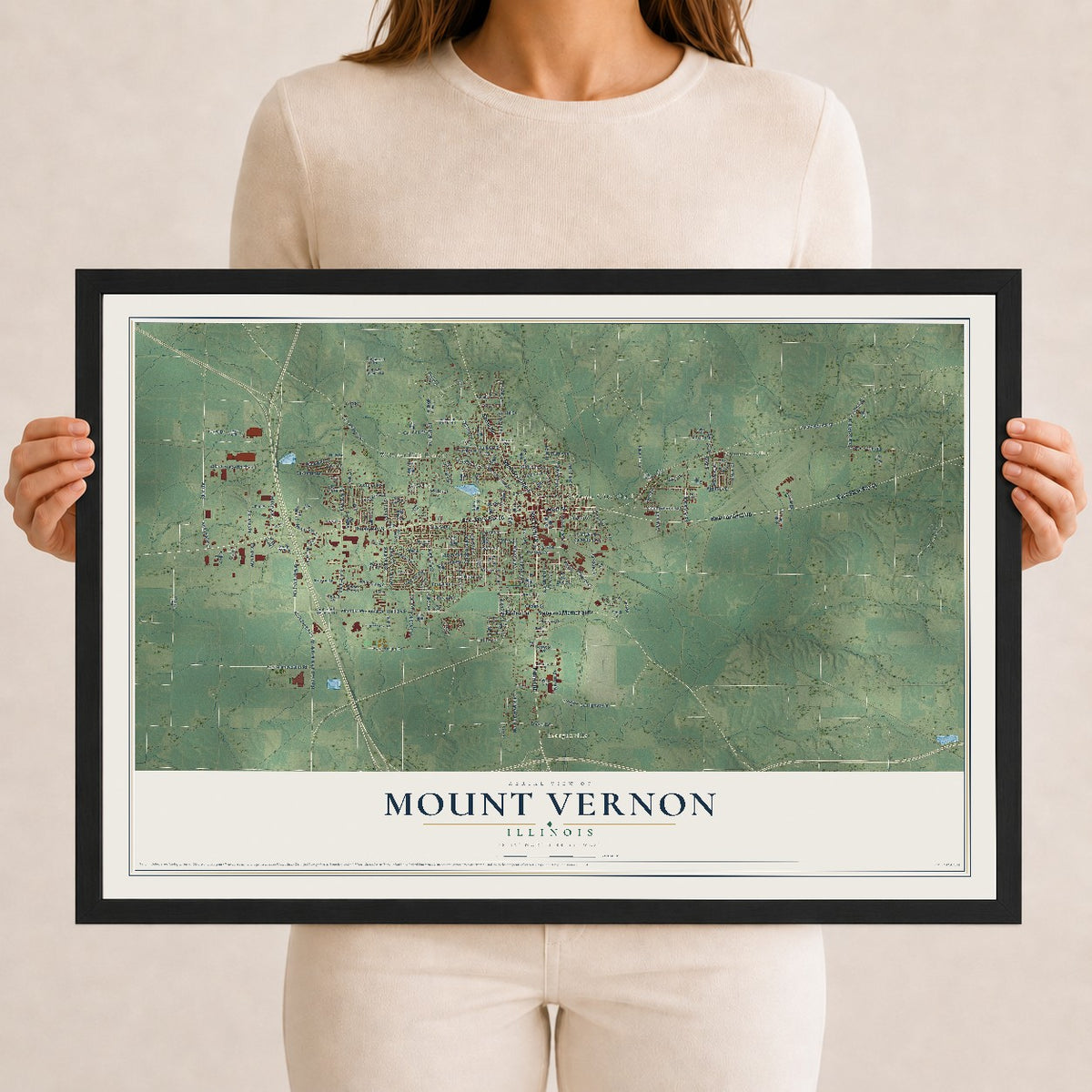 Map of Mount Vernon, Illinois, 12 x 18 inch print in a black wood frame