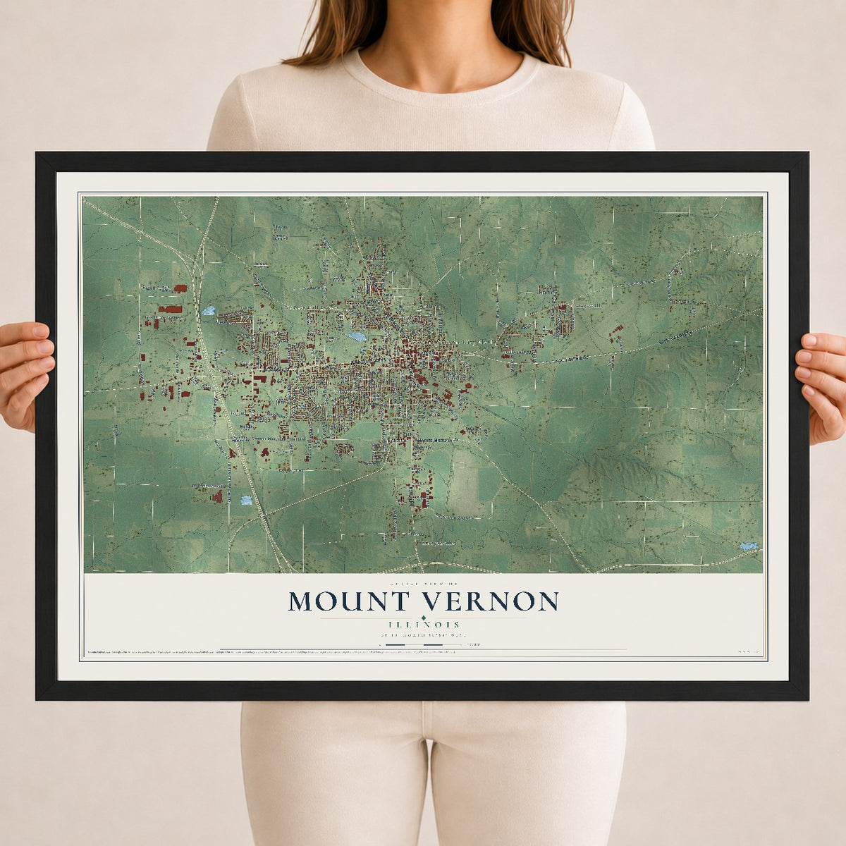 Map of Mount Vernon, Illinois, 18 x 24 inch print in a black wood frame