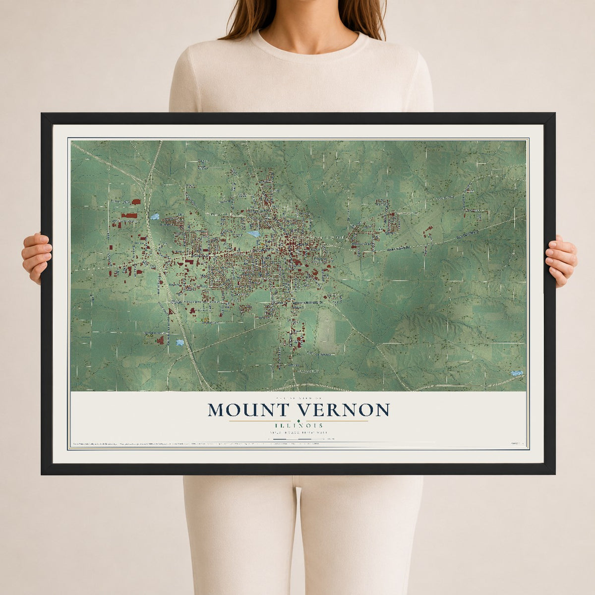 Map of Mount Vernon, Illinois, 24 x 36 inch print in a black wood frame