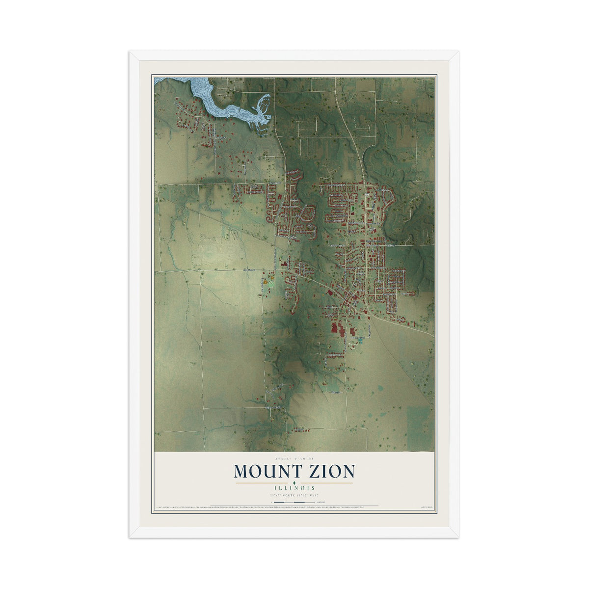 Map of Mount Zion, Illinois, 12 x 18 inch print in a white wood frame