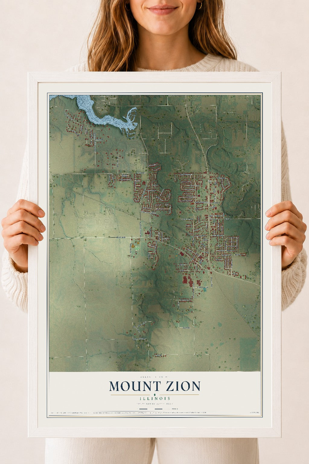 Map of Mount Zion, Illinois, 18 x 24 inch print in a white wood frame