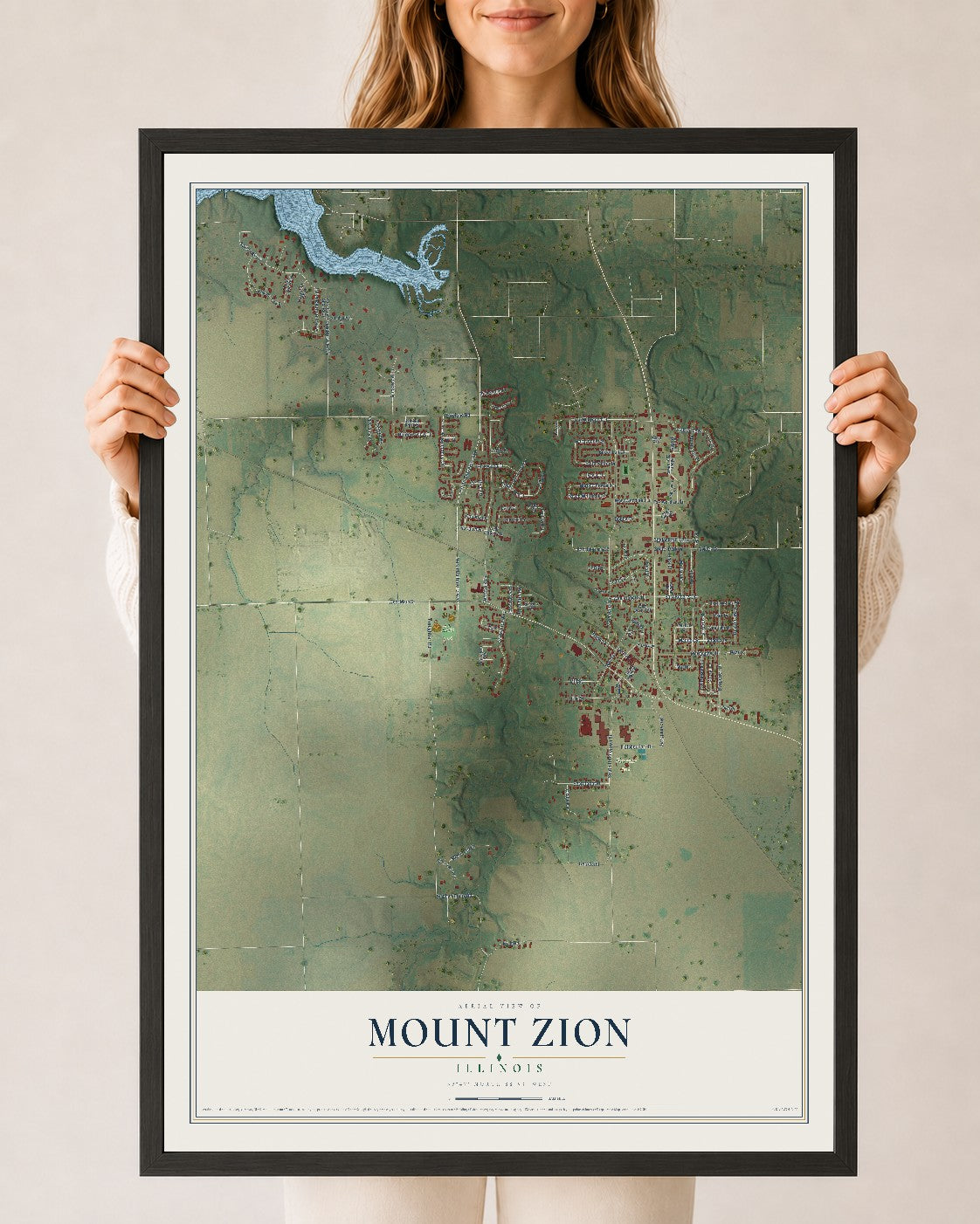 Map of Mount Zion, Illinois, 24 x 36 inch print in a black wood frame