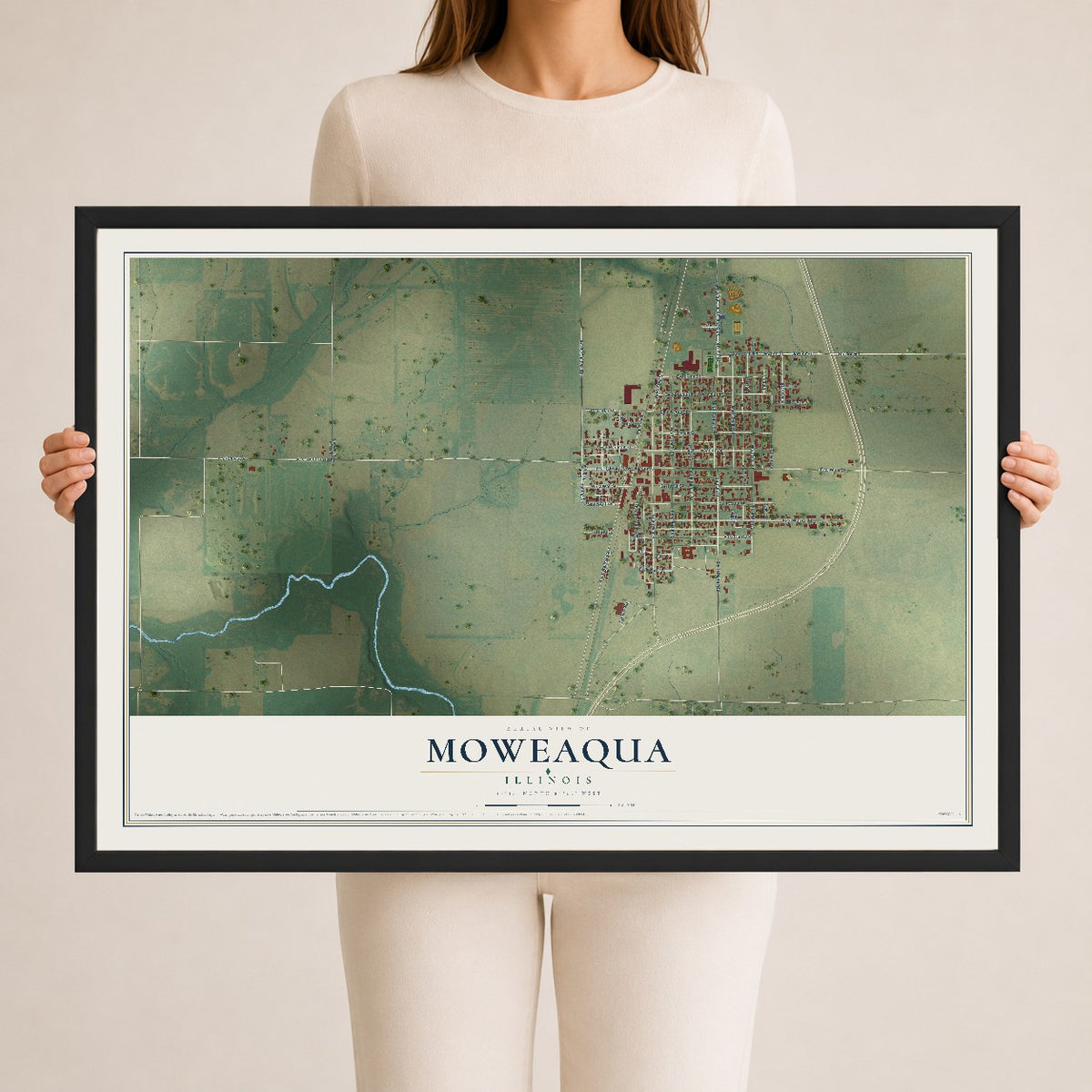 Map of Moweaqua, Illinois, 24 x 36 inch print in a black wood frame