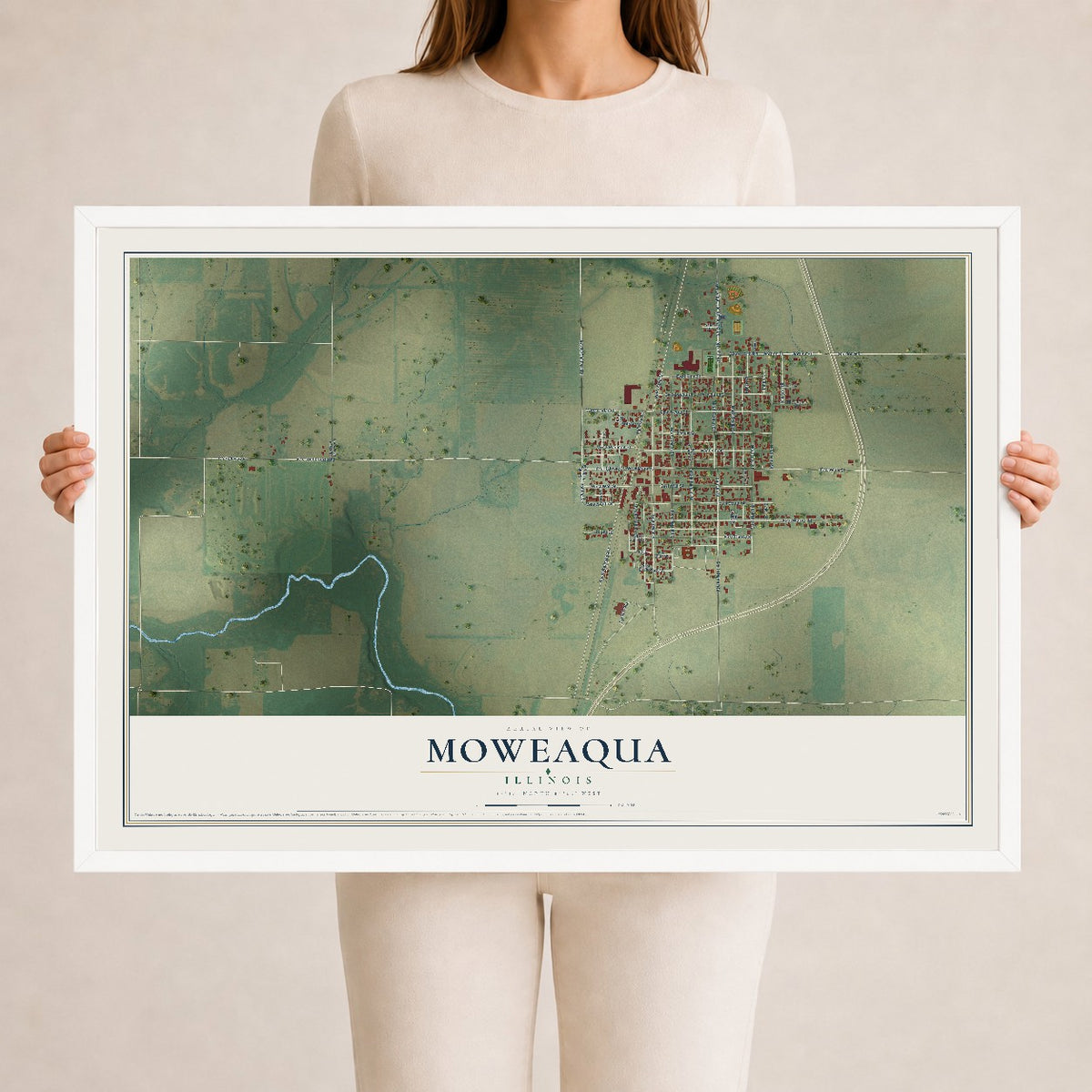 Map of Moweaqua, Illinois, 24 x 36 inch print in a white wood frame