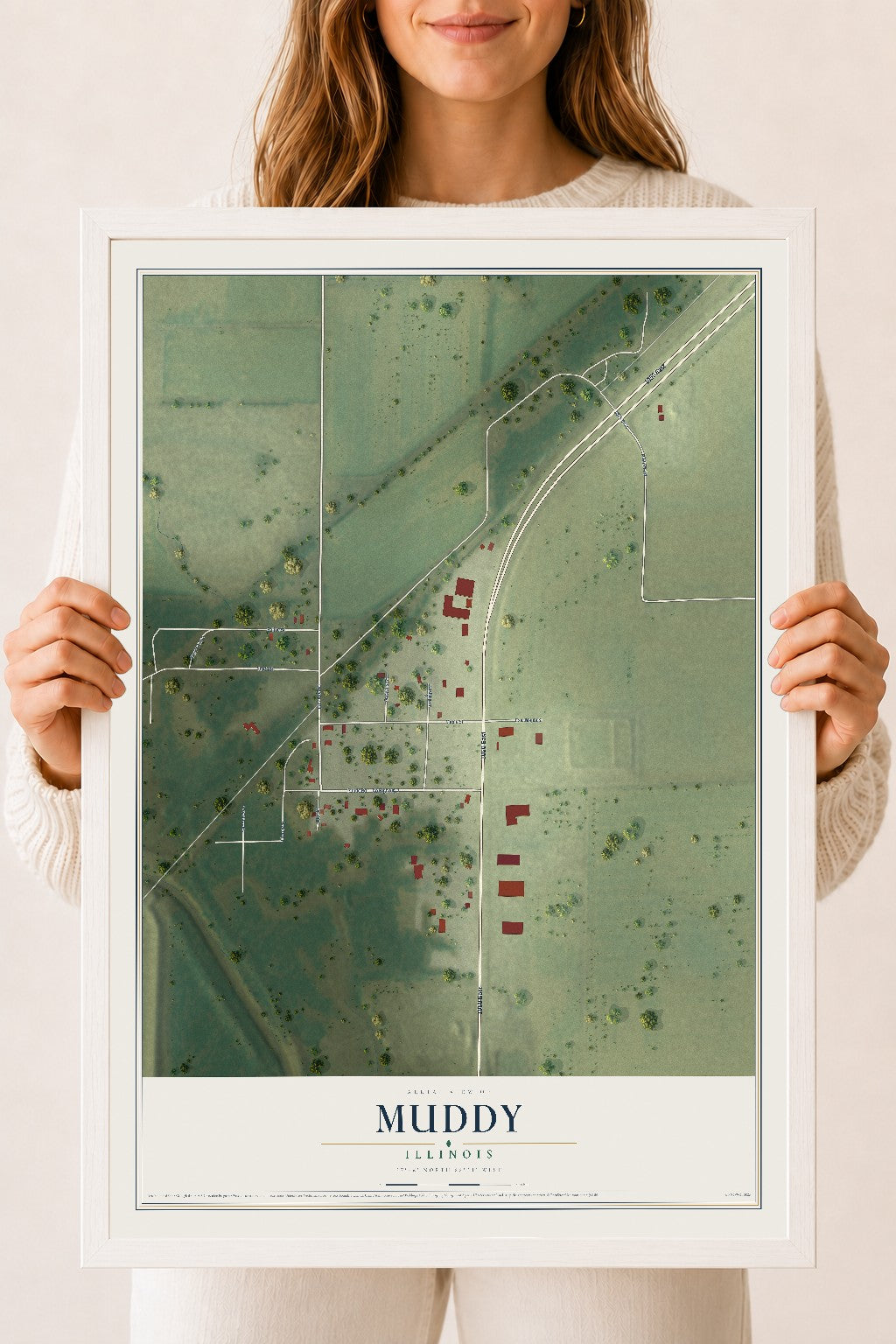 Map of Muddy, Illinois, 18 x 24 inch print in a white wood frame