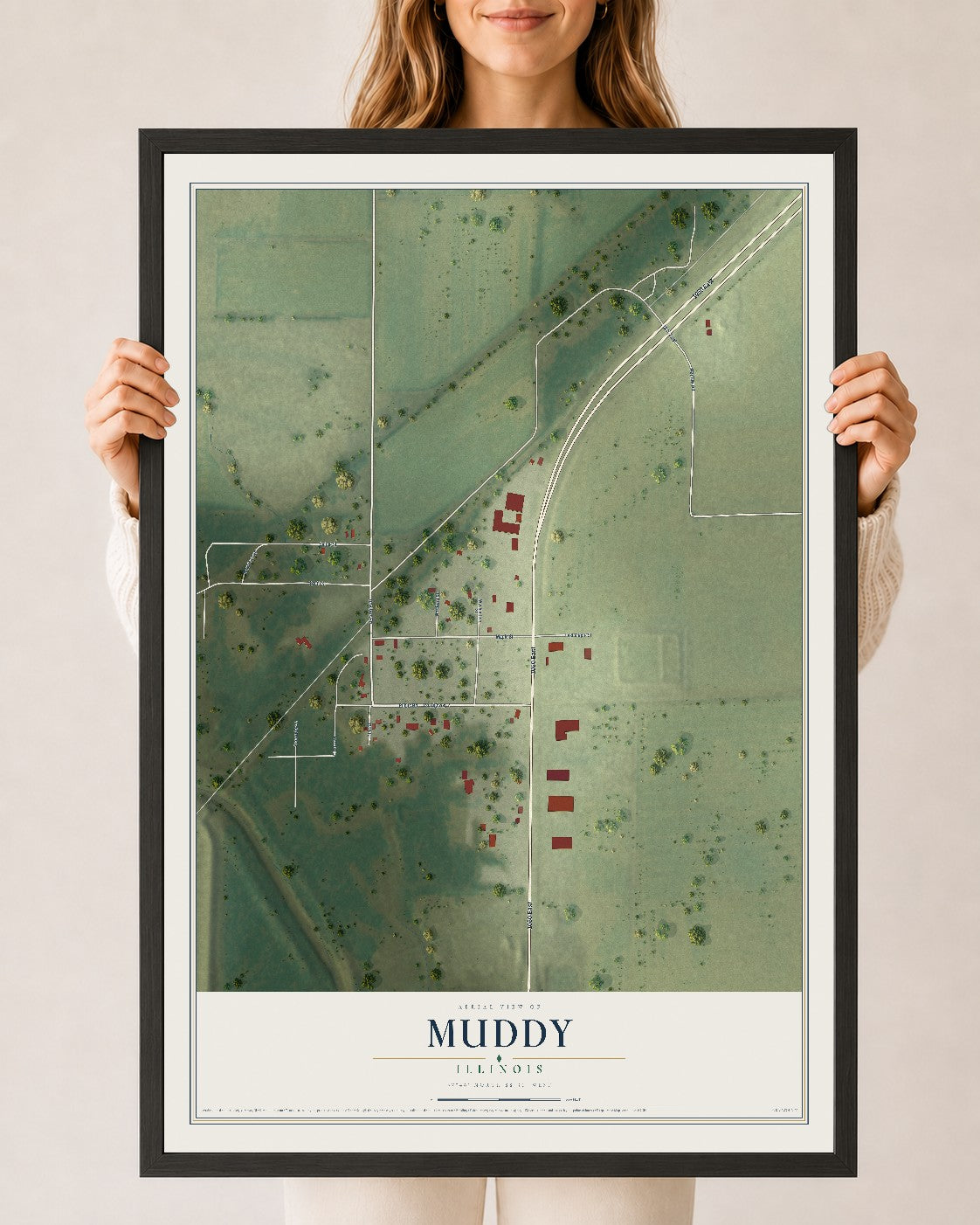 Map of Muddy, Illinois, 24 x 36 inch print in a black wood frame