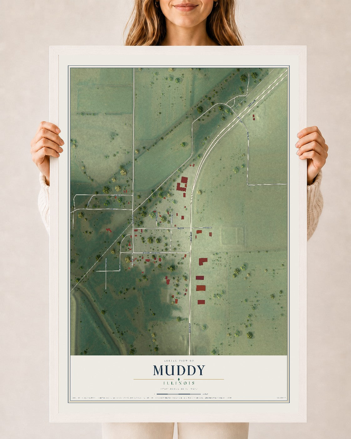 Map of Muddy, Illinois, 24 x 36 inch print in a white wood frame