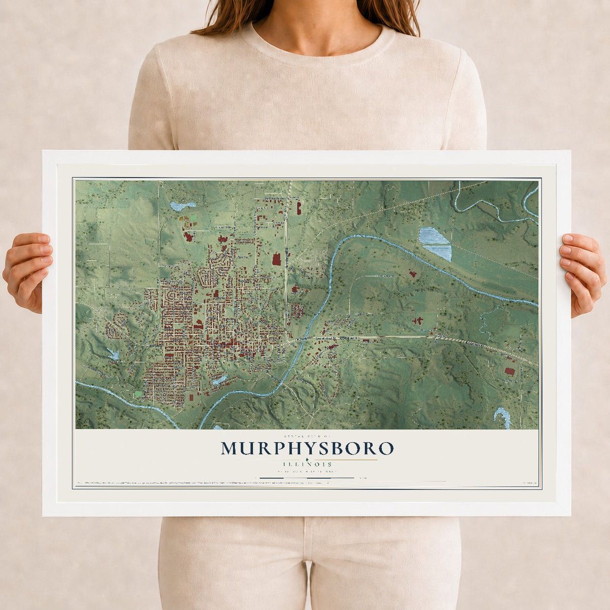 Map of Murphysboro, Illinois, 12 x 18 inch print in a white wood frame
