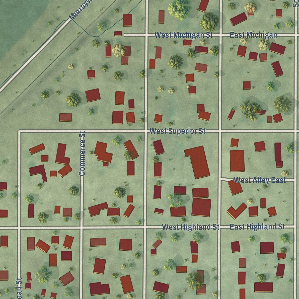 Second close-up of the map of Murrayville, Illinois print showing more streets and buildings