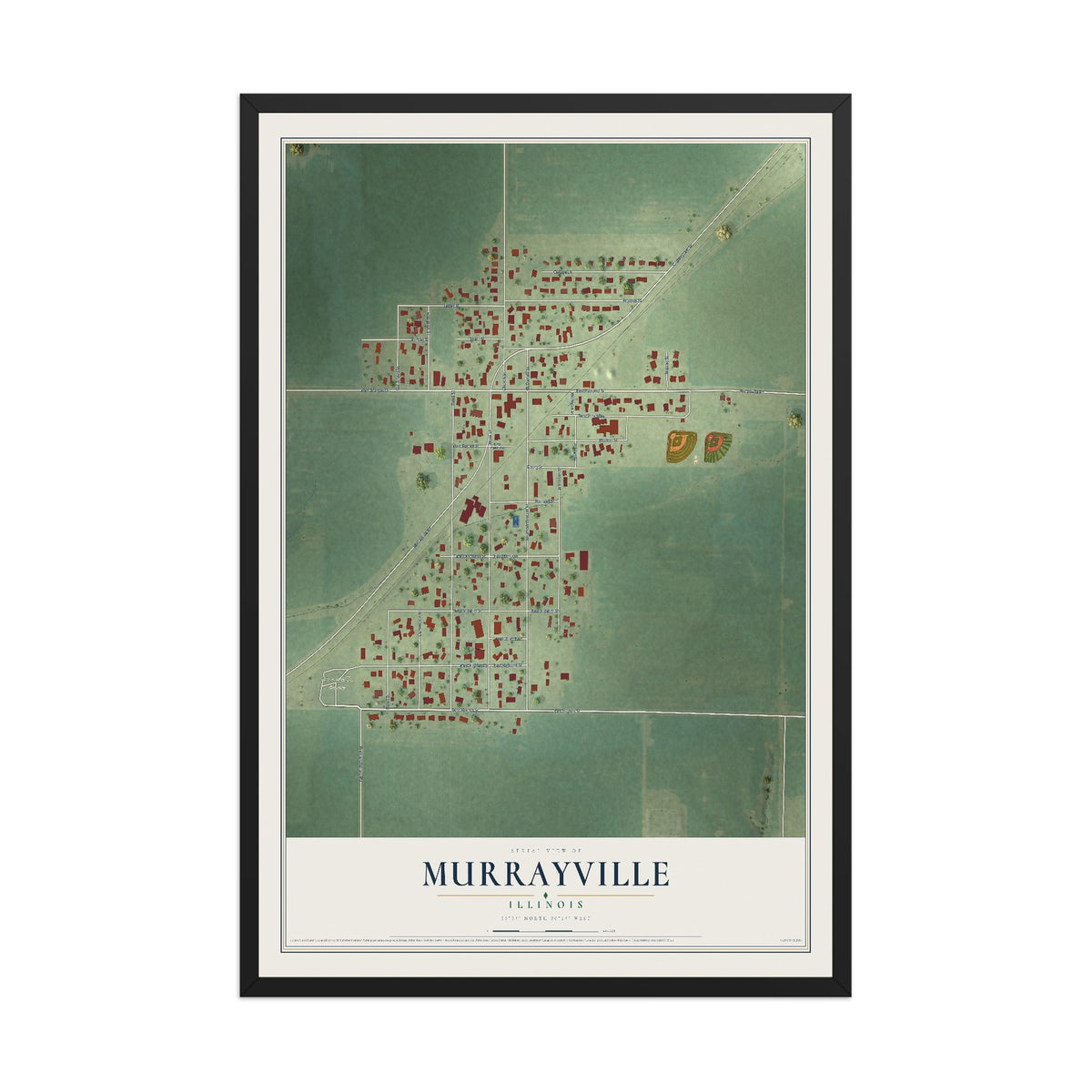 Map of Murrayville, Illinois, 12 x 18 inch print in a black wood frame