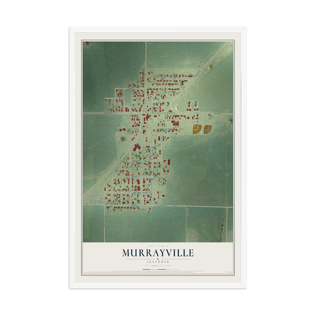 Map of Murrayville, Illinois, 12 x 18 inch print in a white wood frame