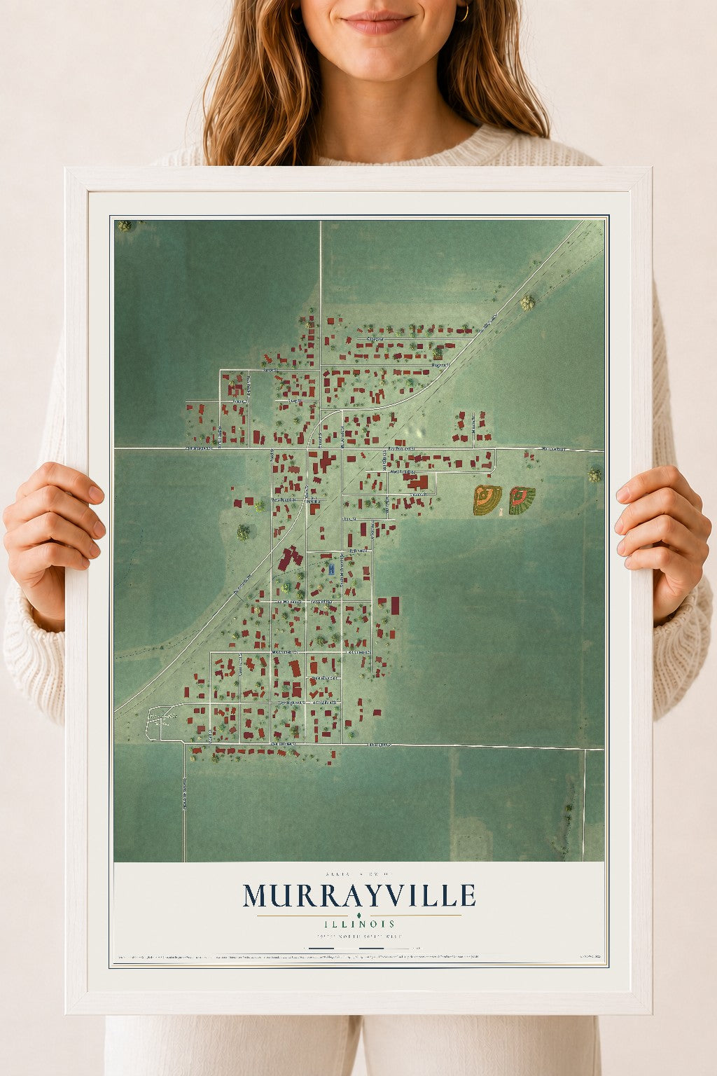 Map of Murrayville, Illinois, 18 x 24 inch print in a white wood frame
