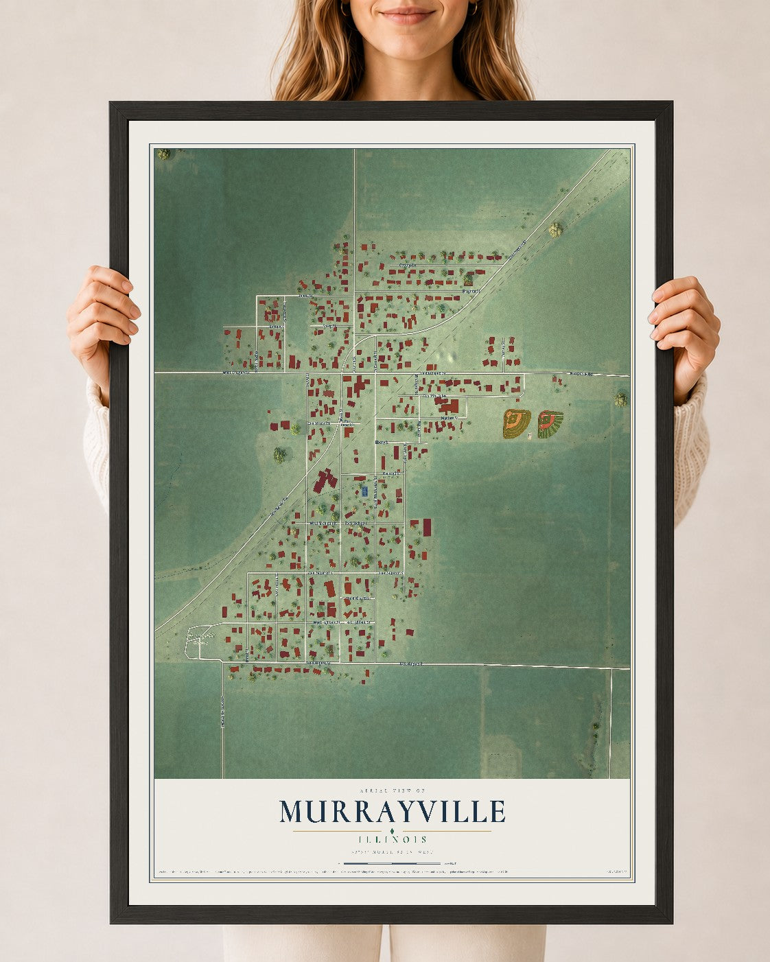 Map of Murrayville, Illinois, 24 x 36 inch print in a black wood frame