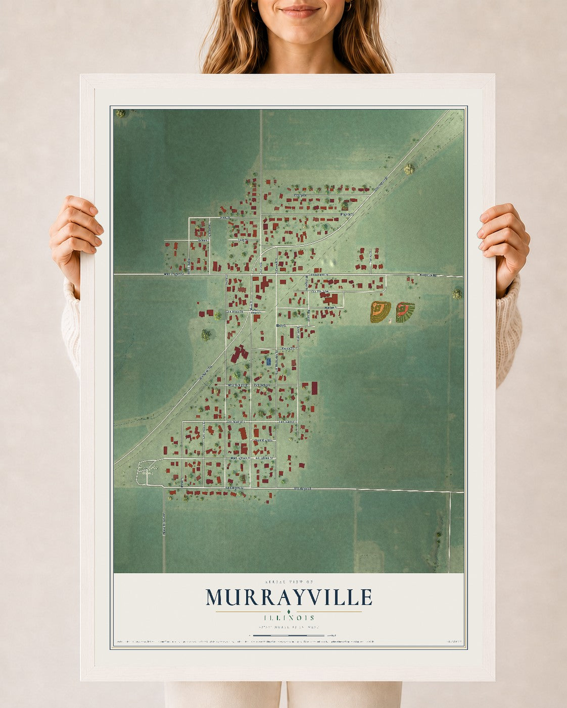 Map of Murrayville, Illinois, 24 x 36 inch print in a white wood frame