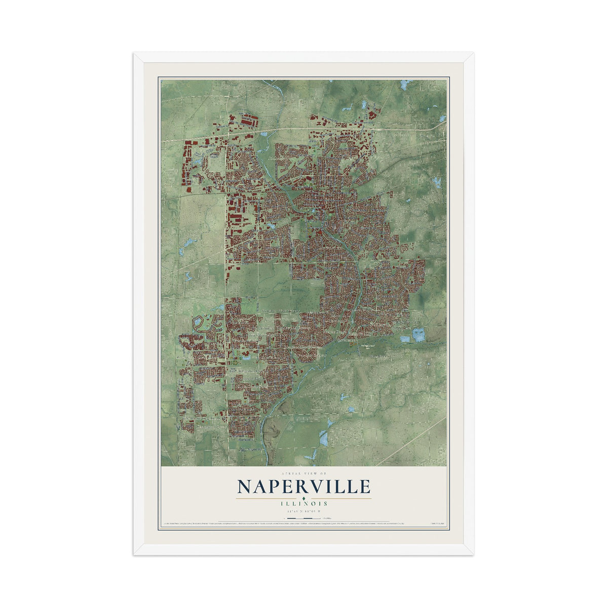 Map of Naperville, Illinois, 12 x 18 inch print in a white wood frame