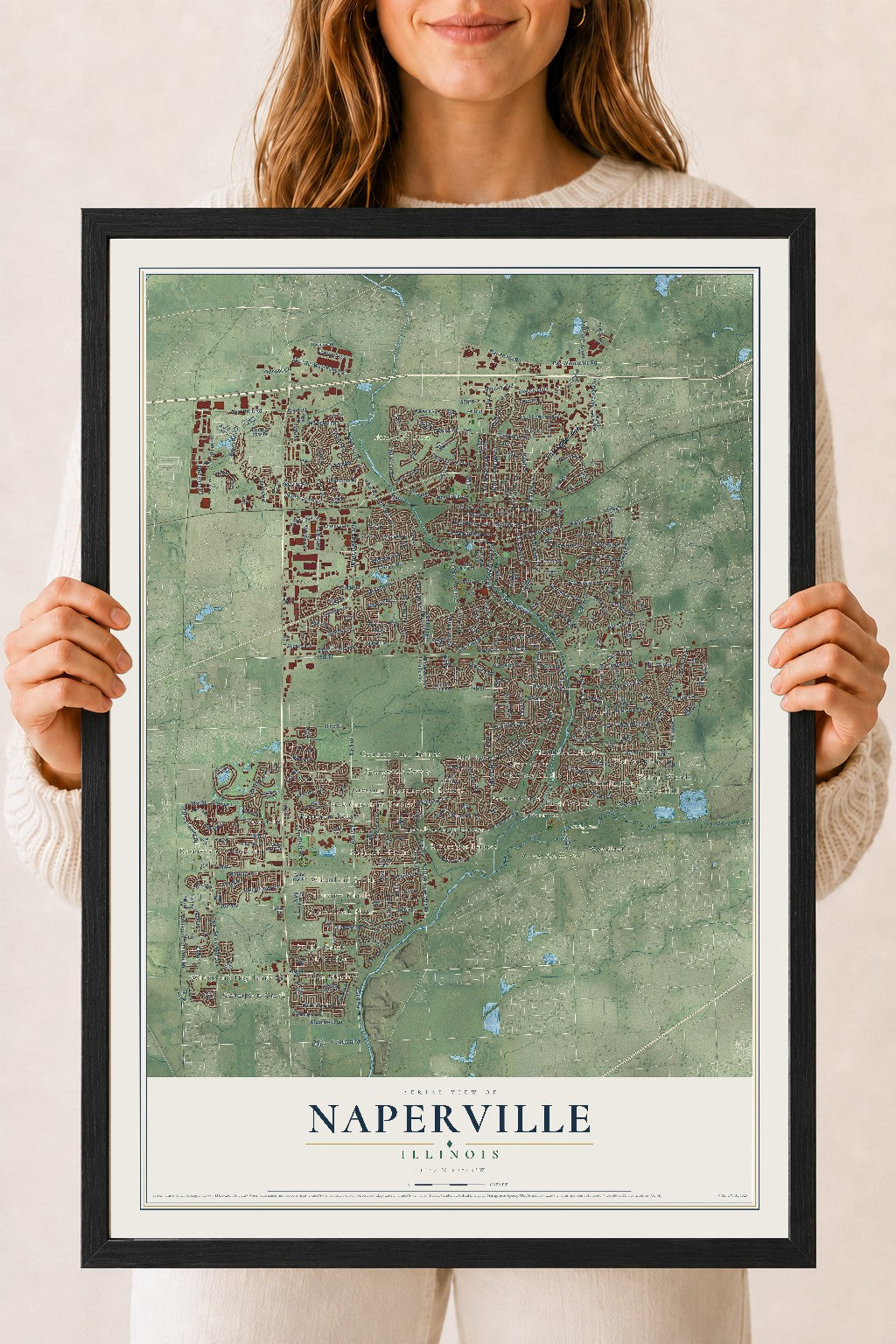 Map of Naperville, Illinois, 18 x 24 inch print in a black wood frame