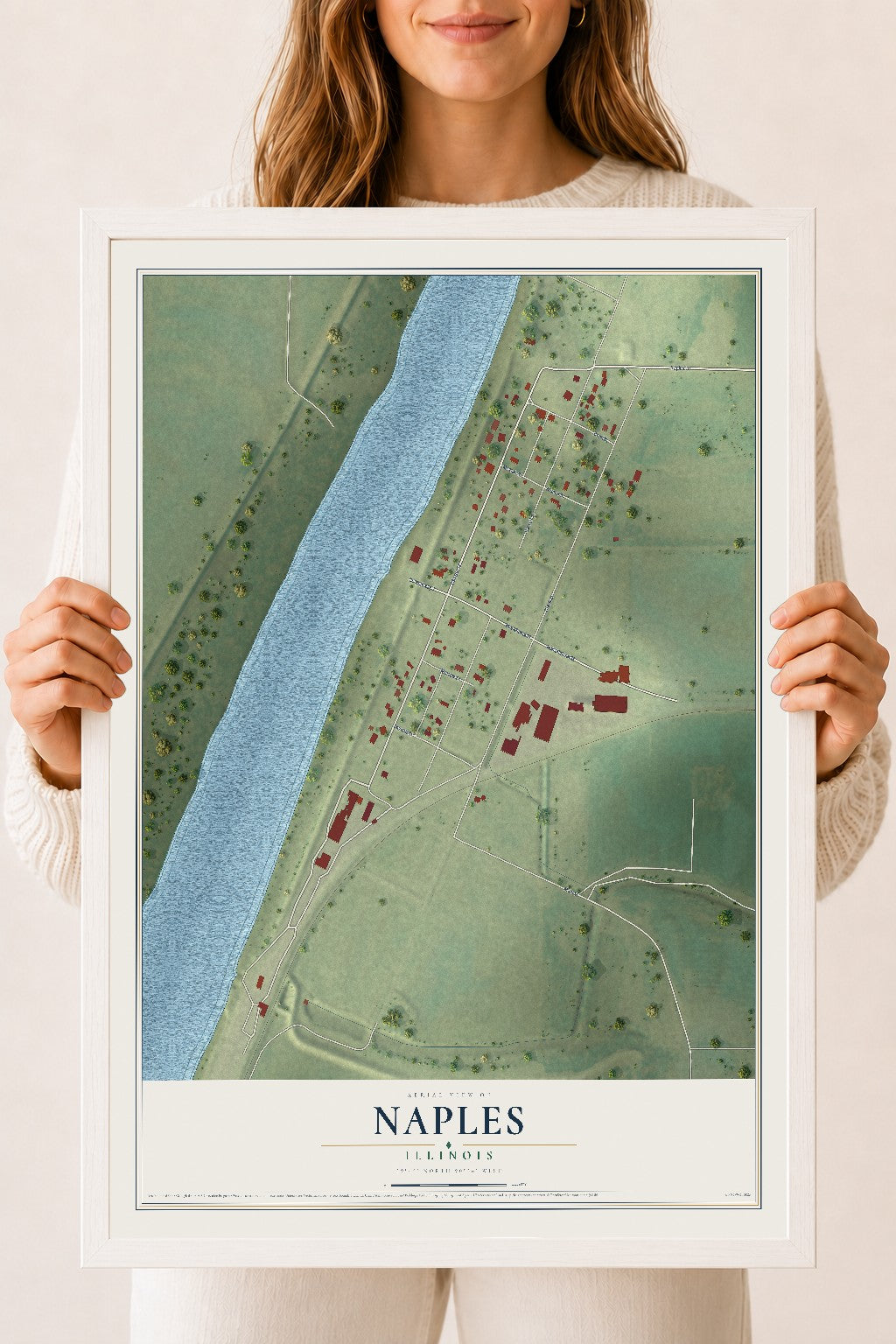 Map of Naples, Illinois, 18 x 24 inch print in a white wood frame